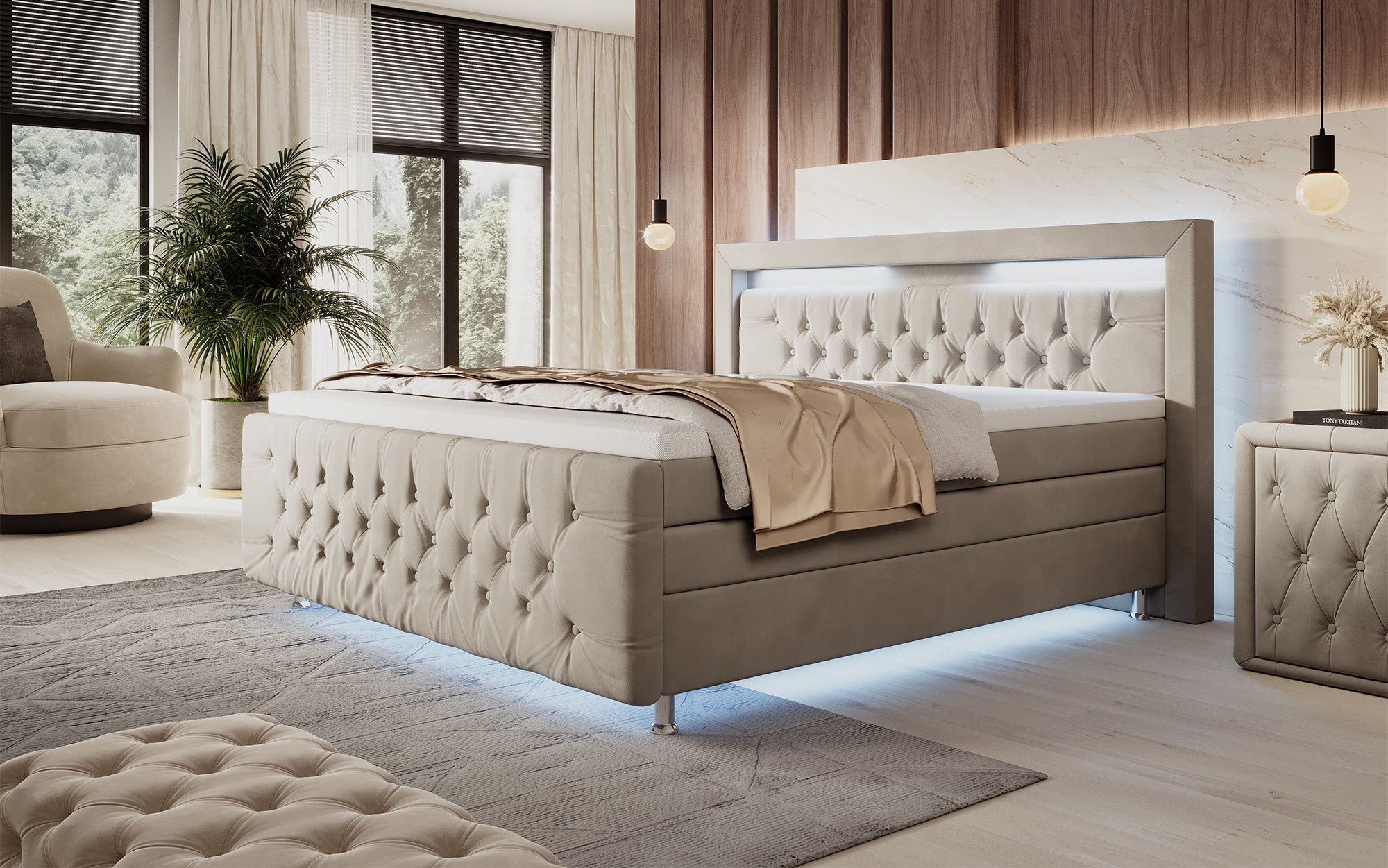 Lorena Box Spring Bed with LED and Storage