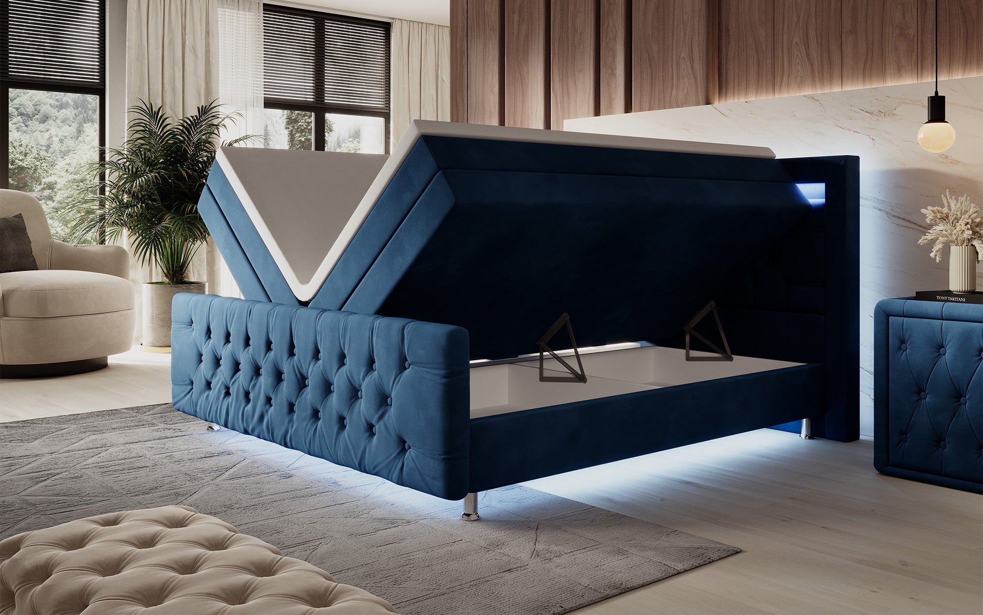 Lorena Box Spring Bed with LED and Storage