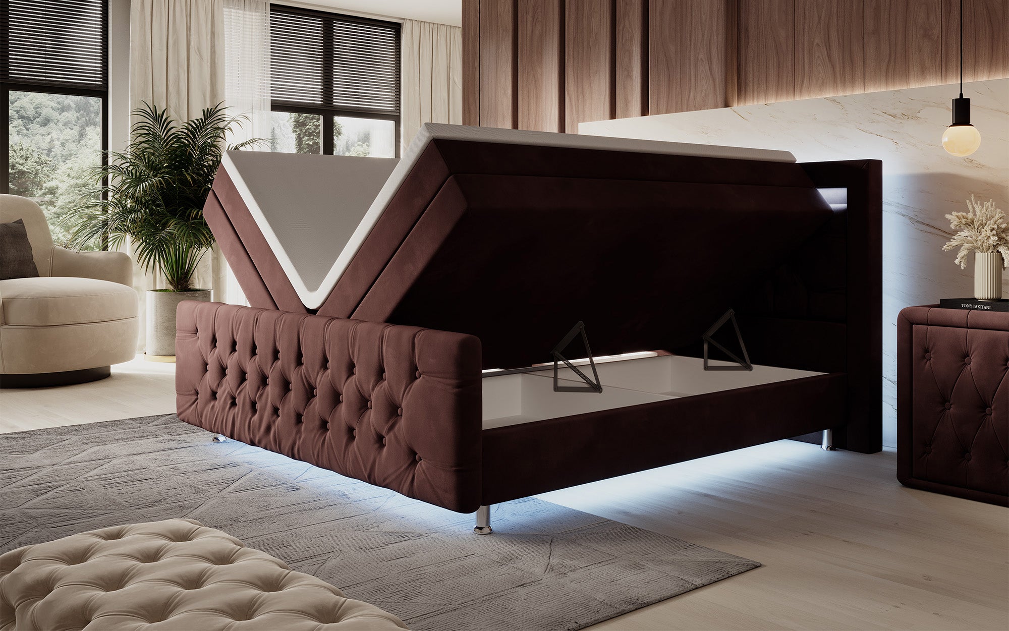 Lorena Box Spring Bed with LED and Storage
