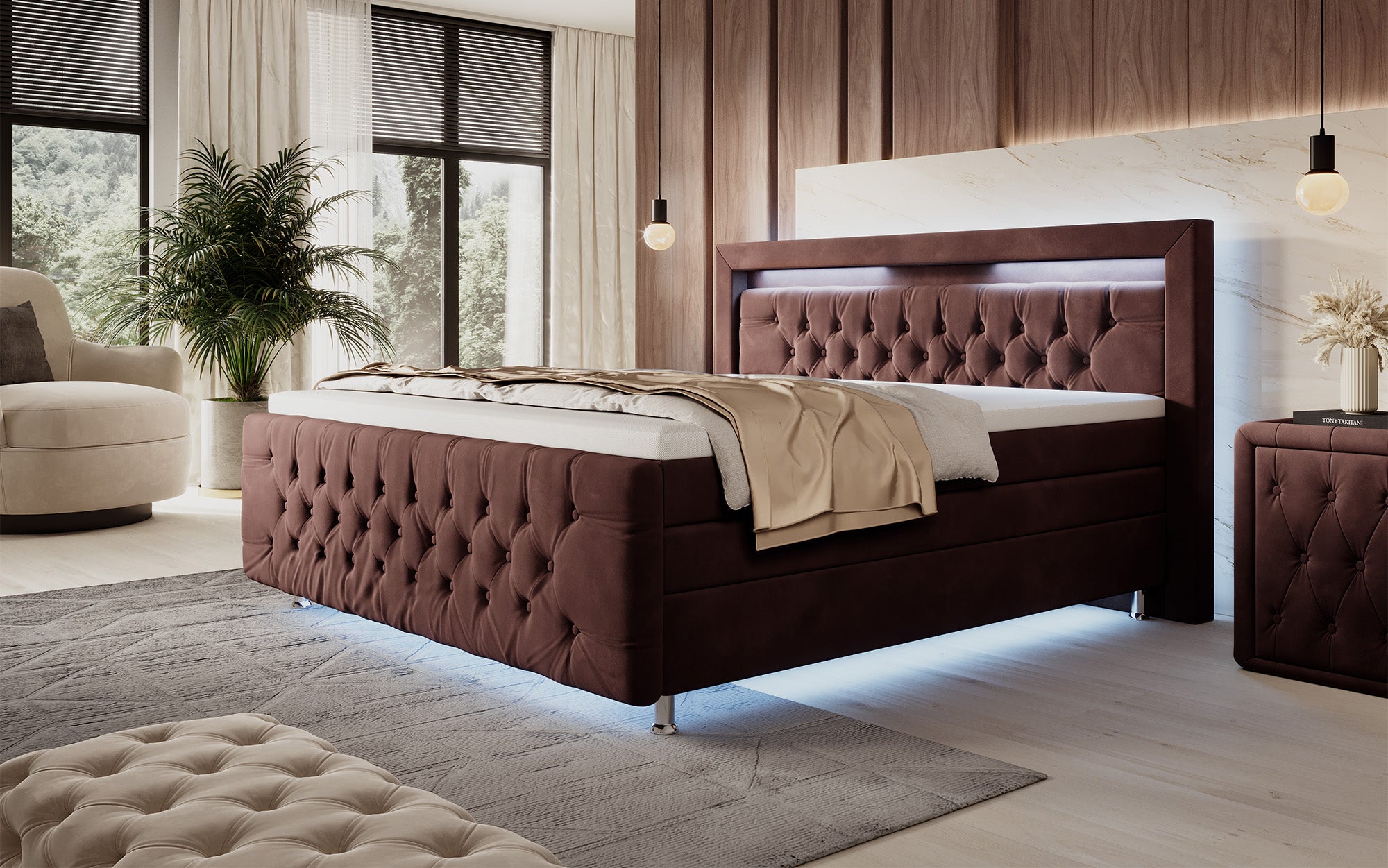 Lorena Box Spring Bed with LED and Storage