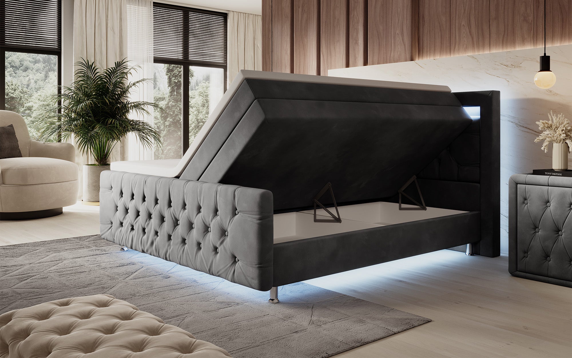 Lorena Box Spring Bed with LED and Storage