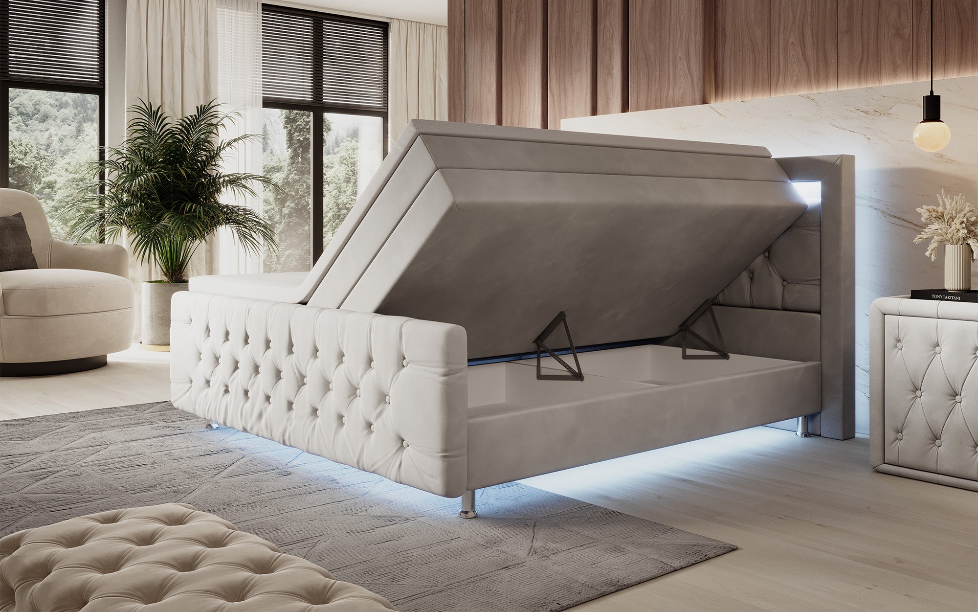 Lorena Box Spring Bed with LED and Storage
