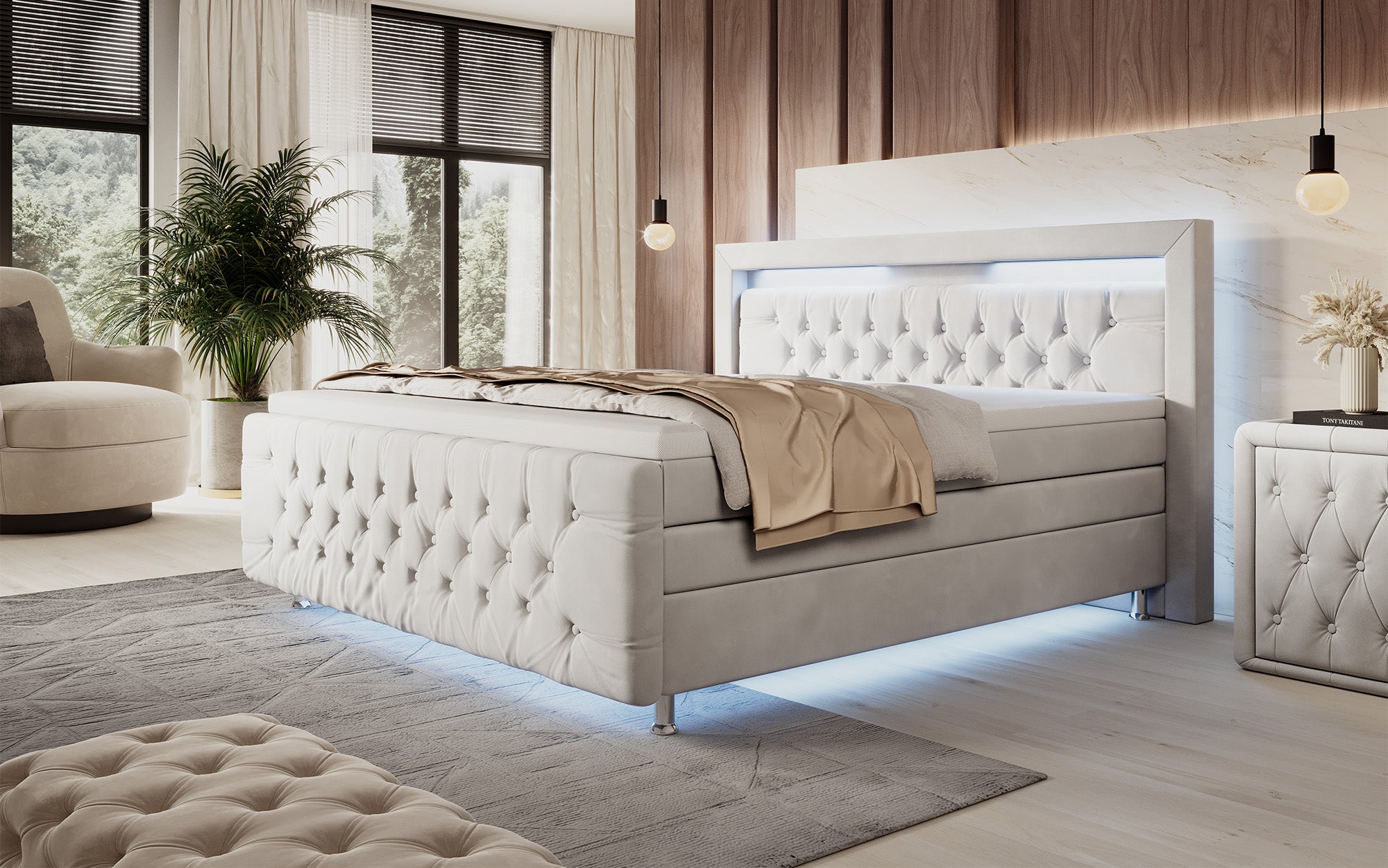 Lorena Box Spring Bed with LED and Storage