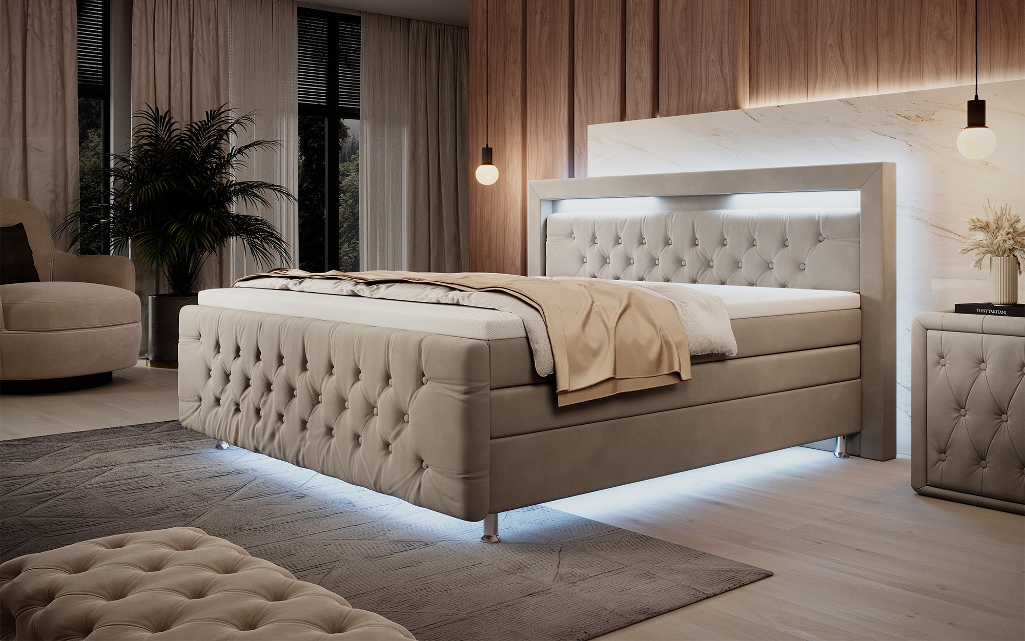 Lorena Box Spring Bed with LED and Storage