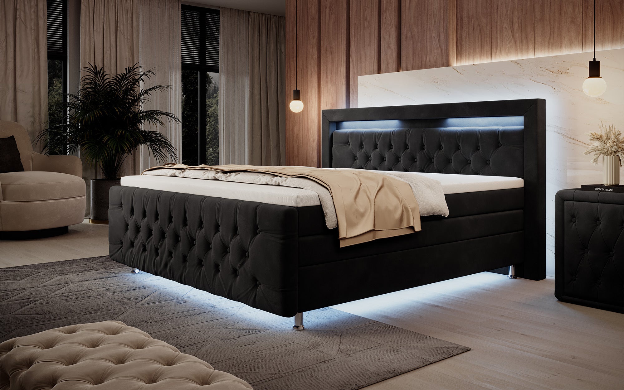 Lorena Box Spring Bed with LED and Storage