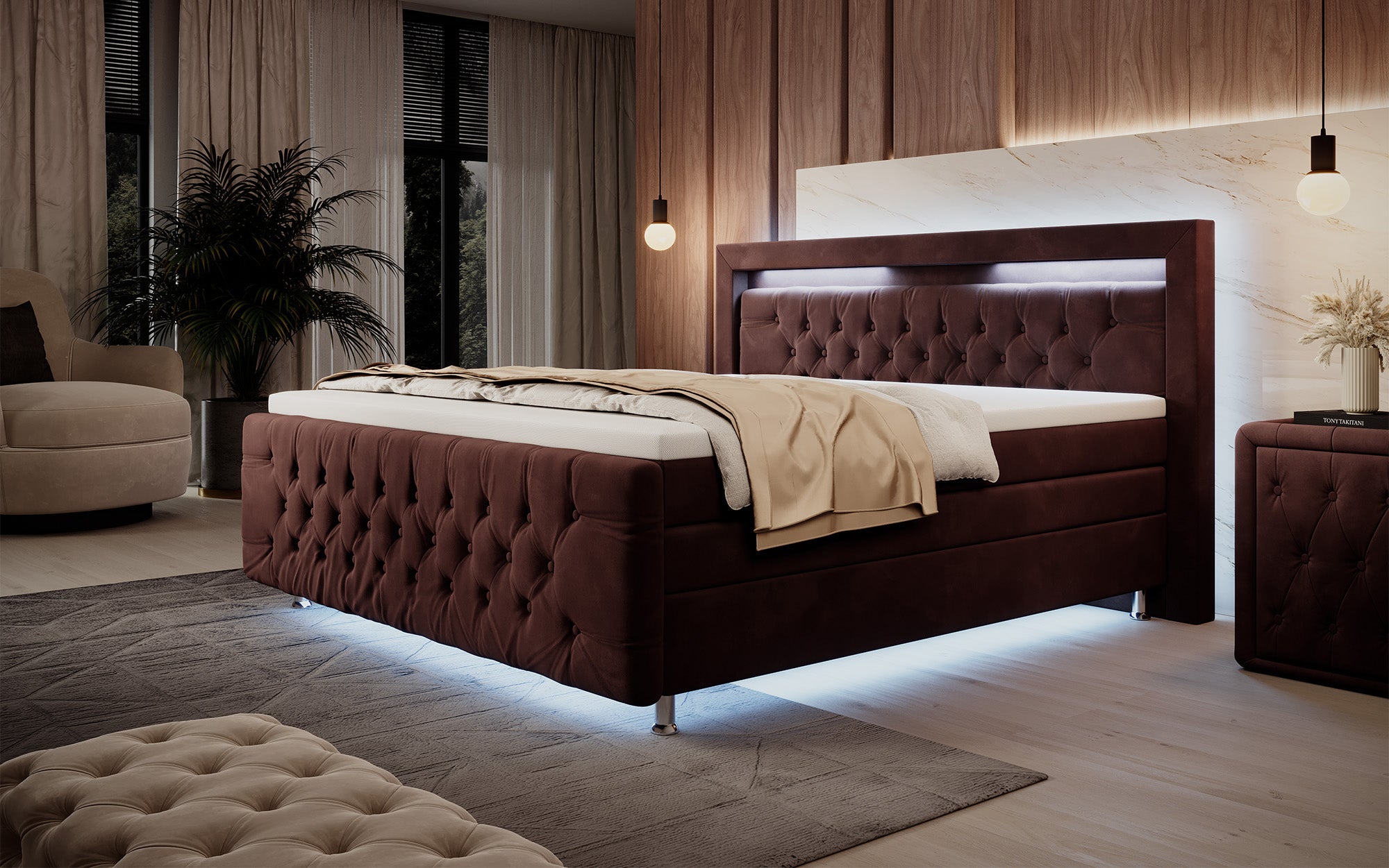 Lorena Box Spring Bed with LED and Storage