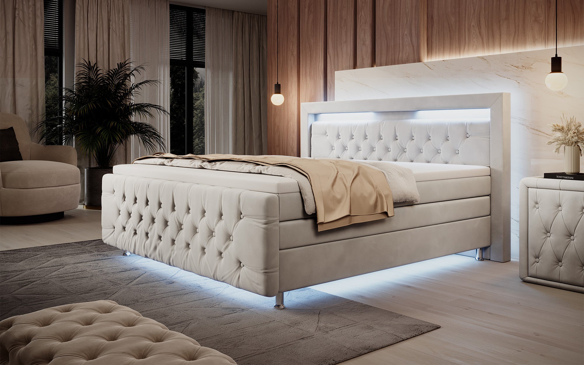 Lorena Box Spring Bed with LED and Storage