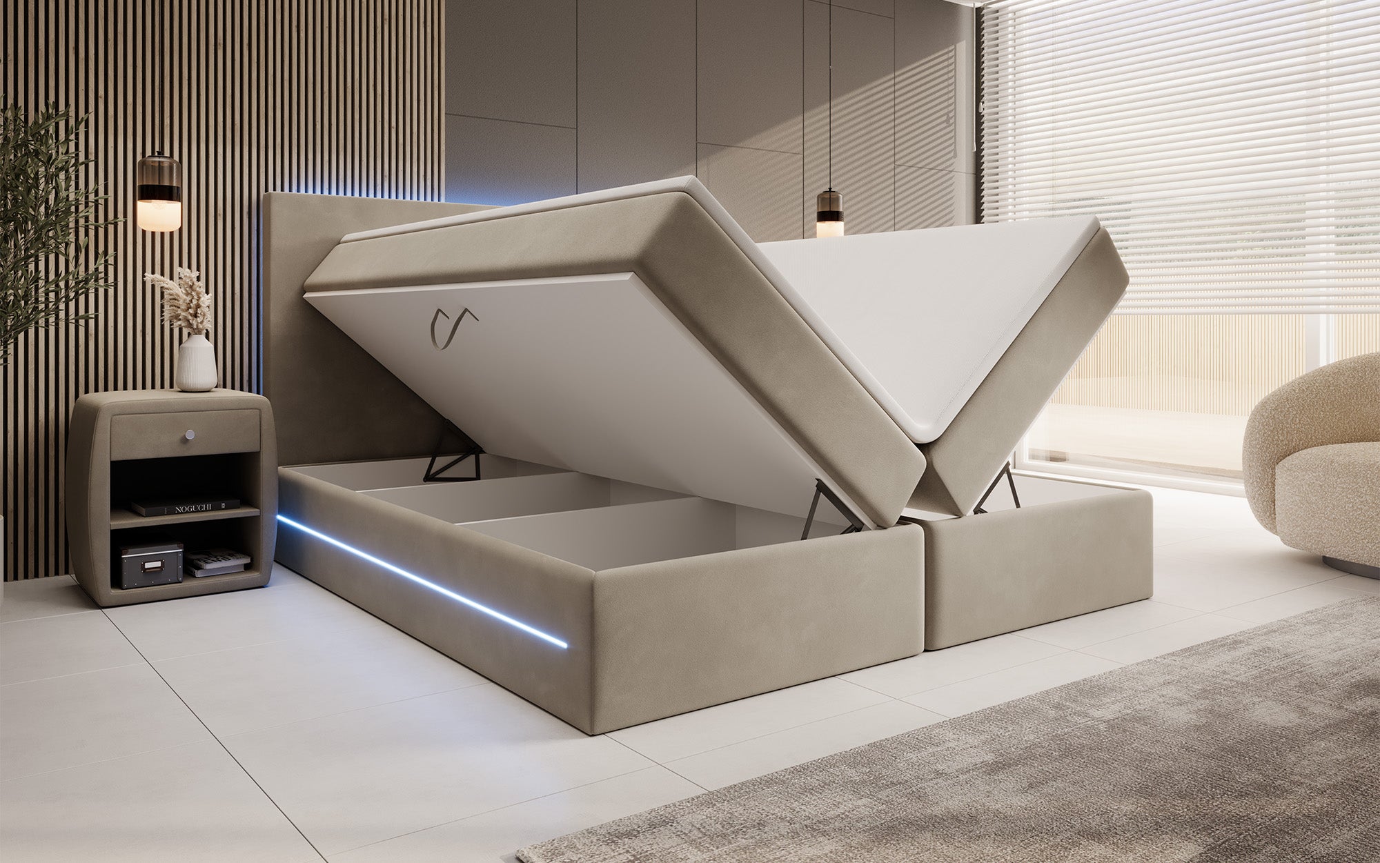 Voyage Boxspring Bed with LED and Storage in Velvet
