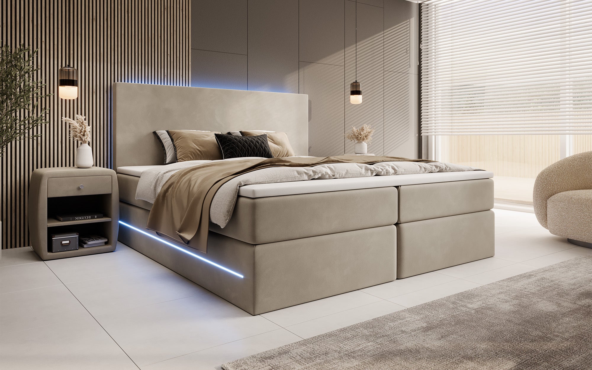 Voyage Boxspring Bed with LED and Storage in Velvet