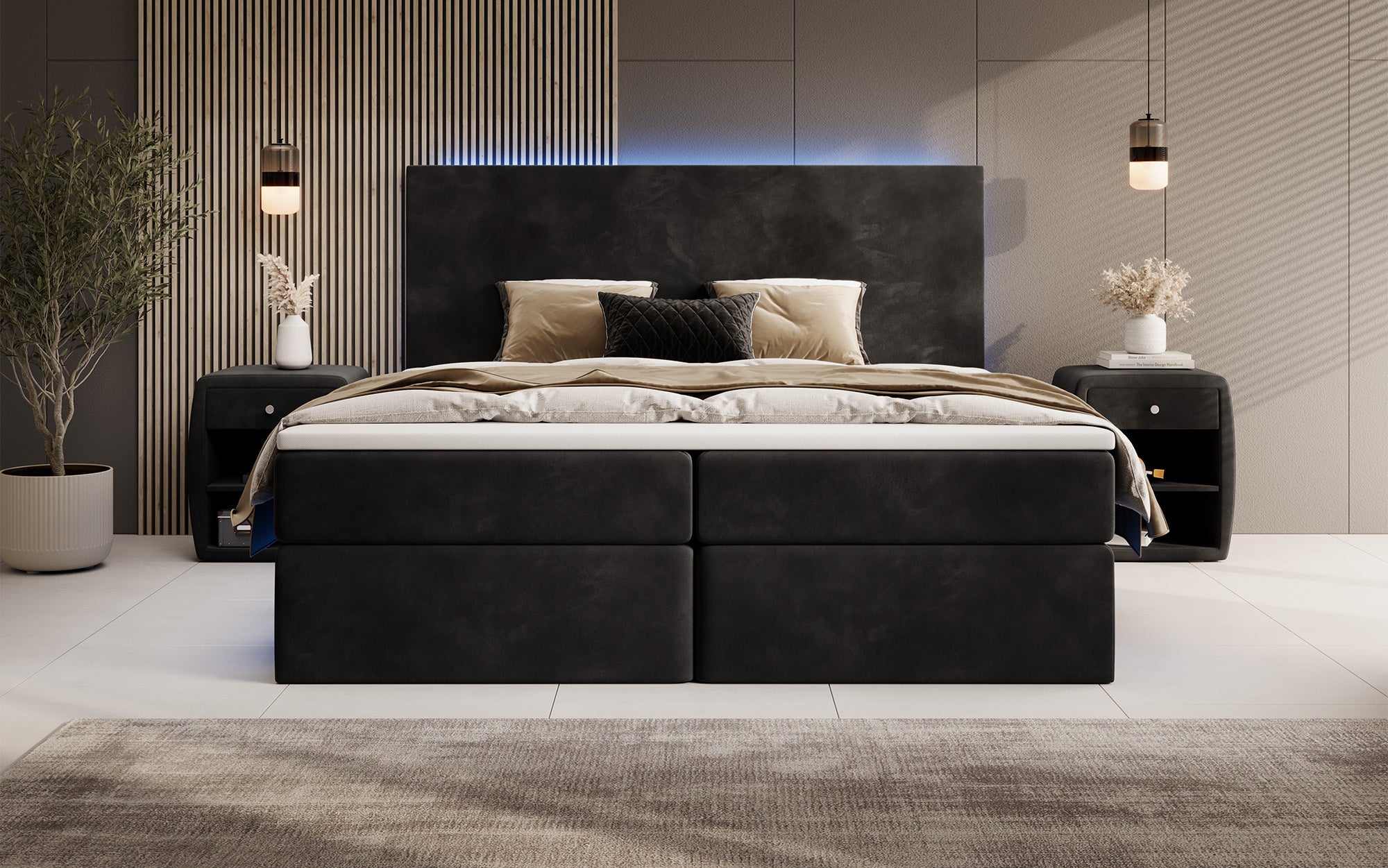 Voyage Boxspring Bed with LED and Storage in Velvet