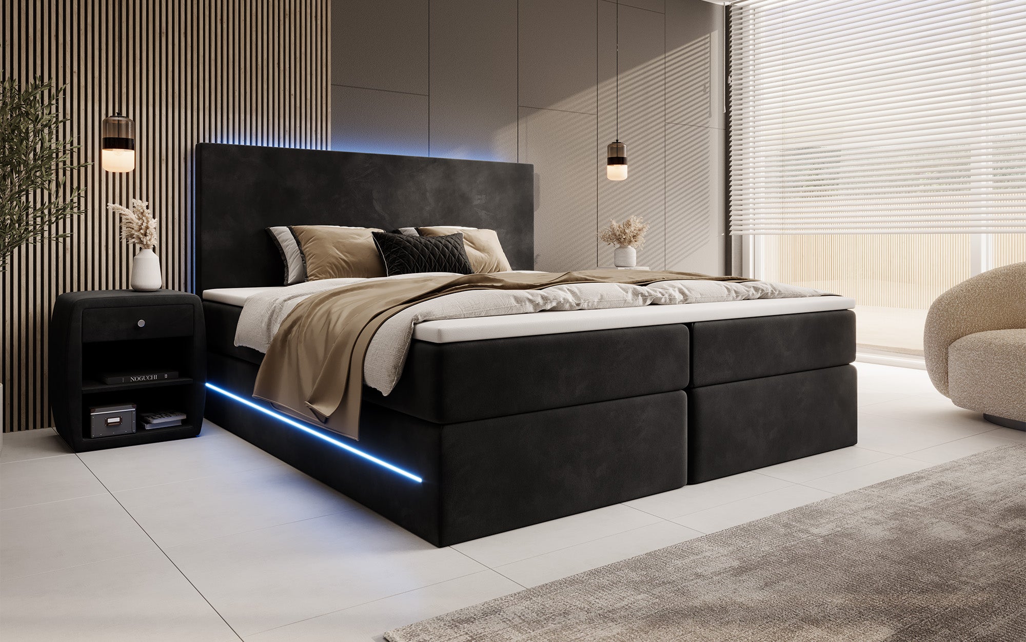 Voyage Boxspring Bed with LED and Storage in Velvet