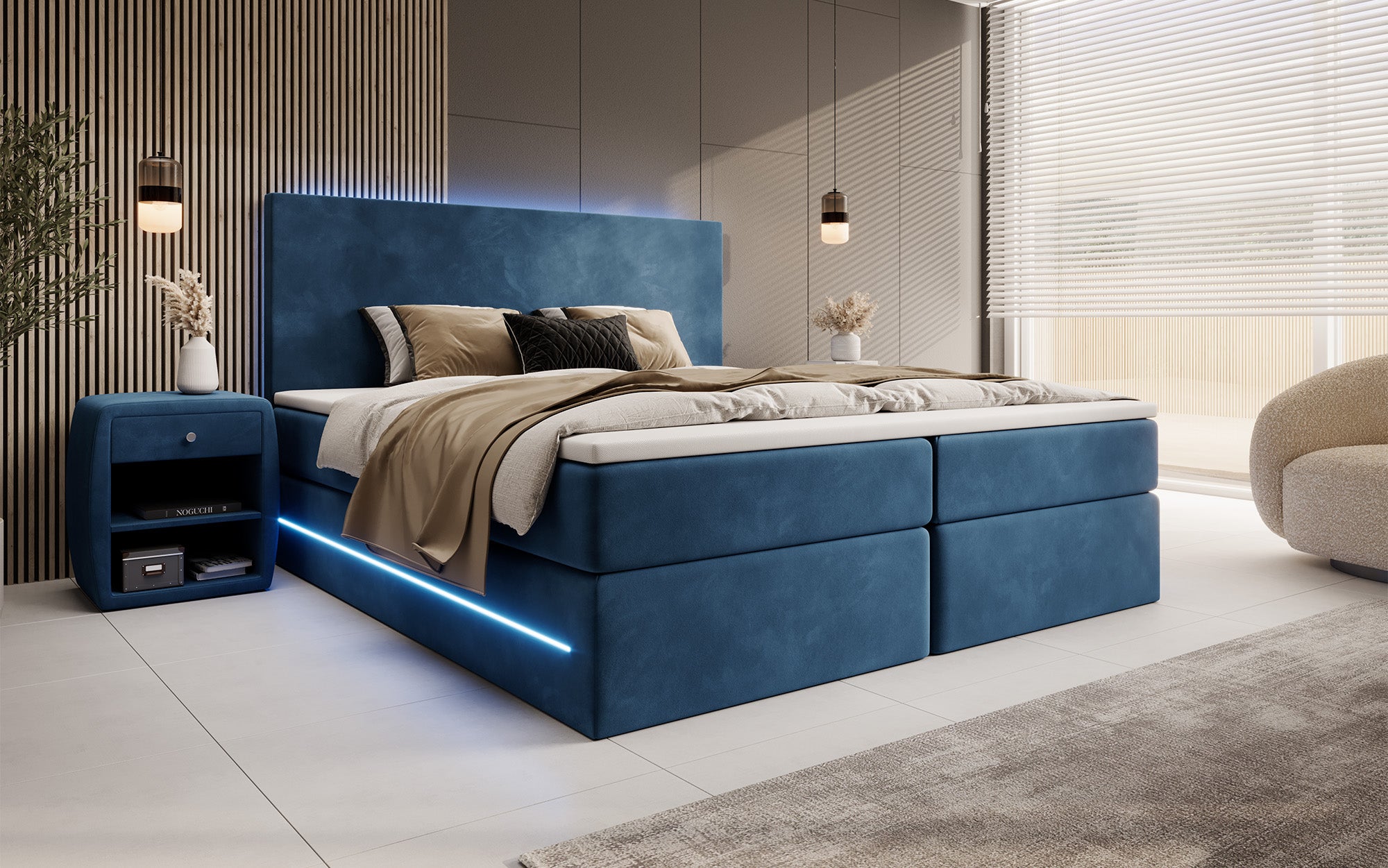 Voyage Boxspring Bed with LED and Storage in Velvet
