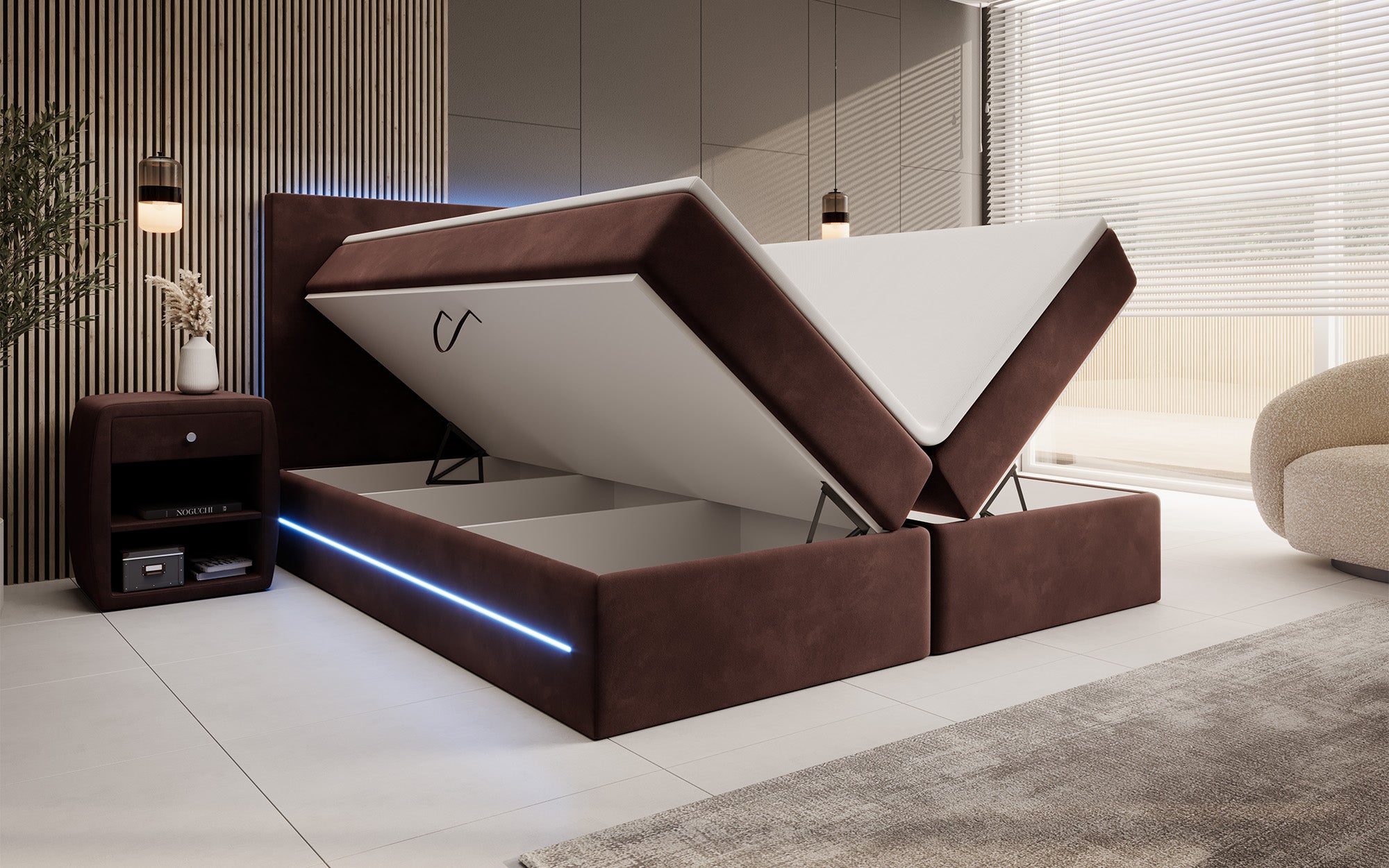 Voyage Boxspring Bed with LED and Storage in Velvet