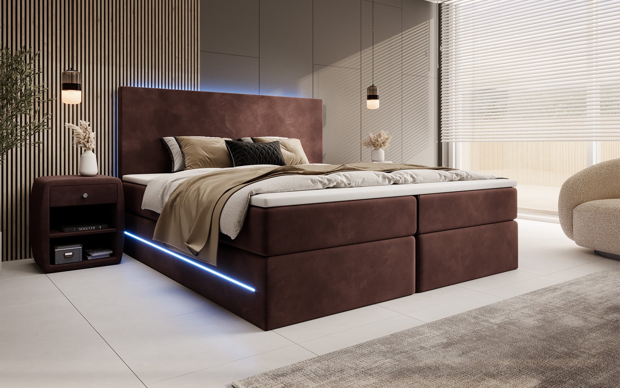 Voyage Boxspring Bed with LED and Storage in Velvet