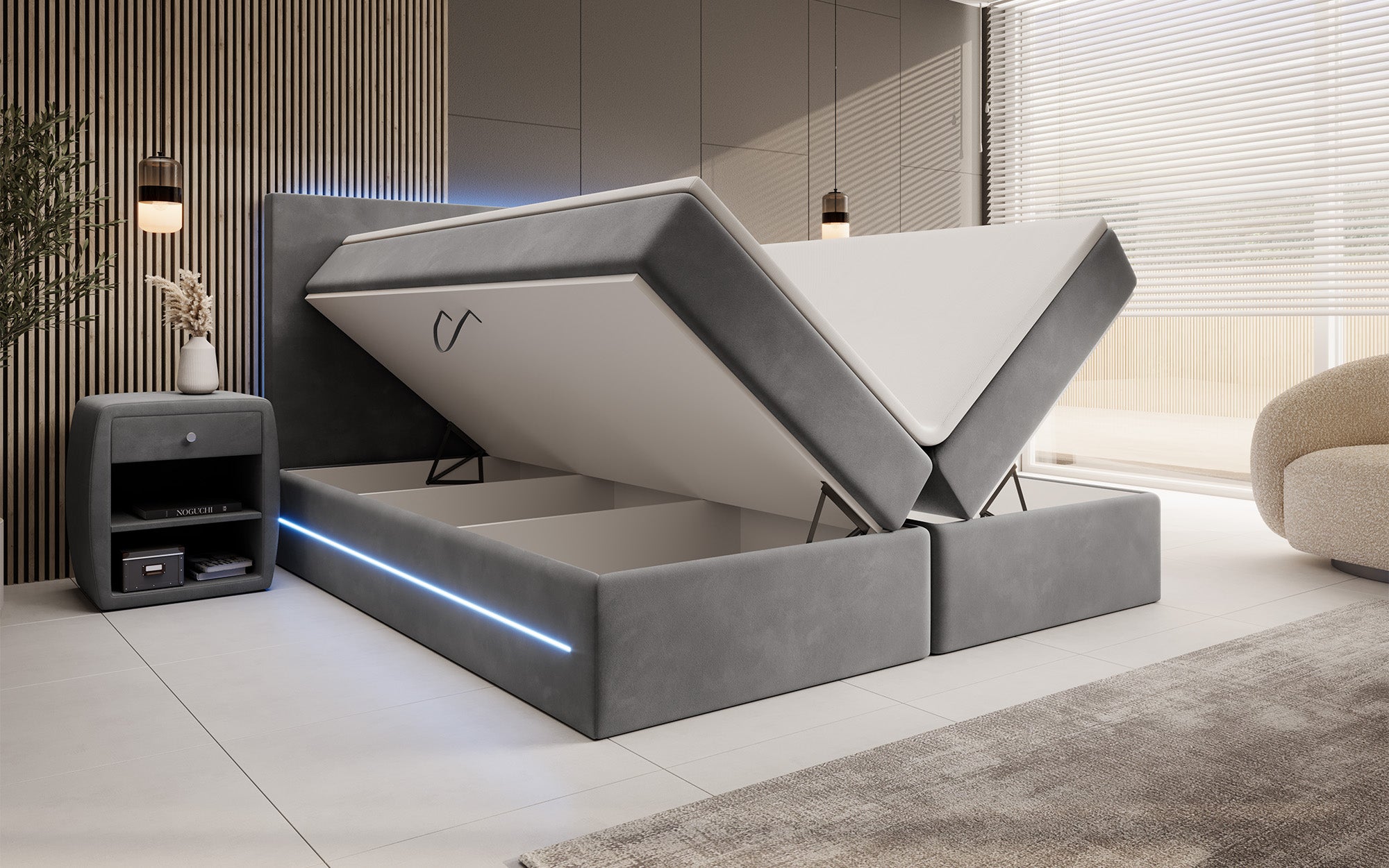 Voyage Boxspring Bed with LED and Storage in Velvet