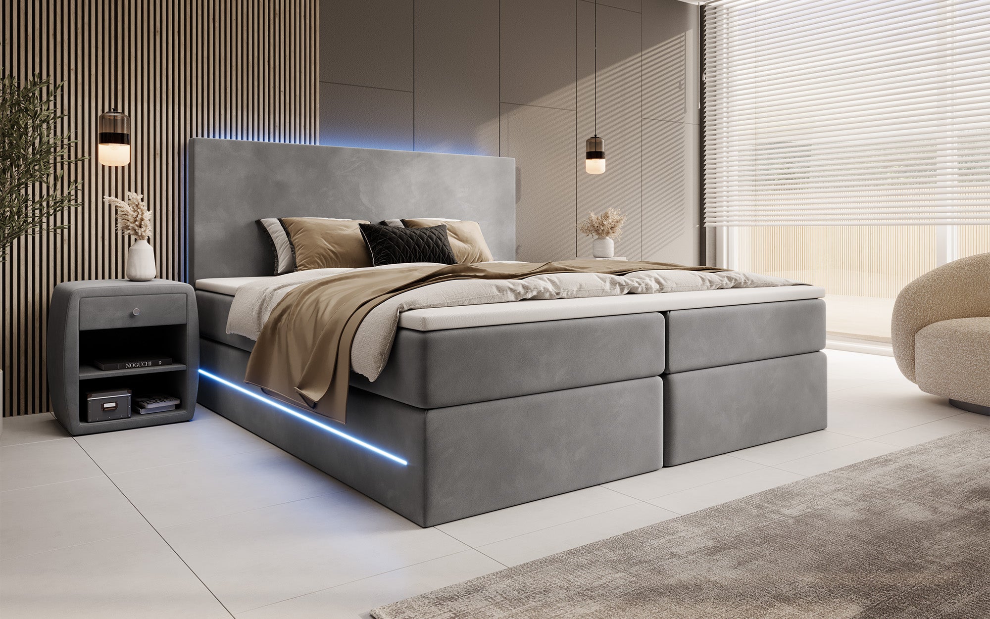 Voyage Boxspring Bed with LED and Storage in Velvet