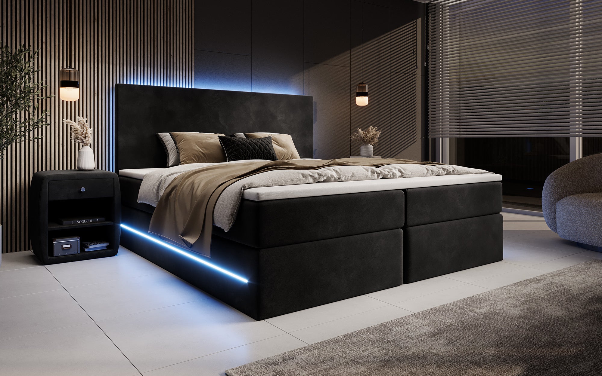 Voyage Boxspring Bed with LED and Storage in Velvet