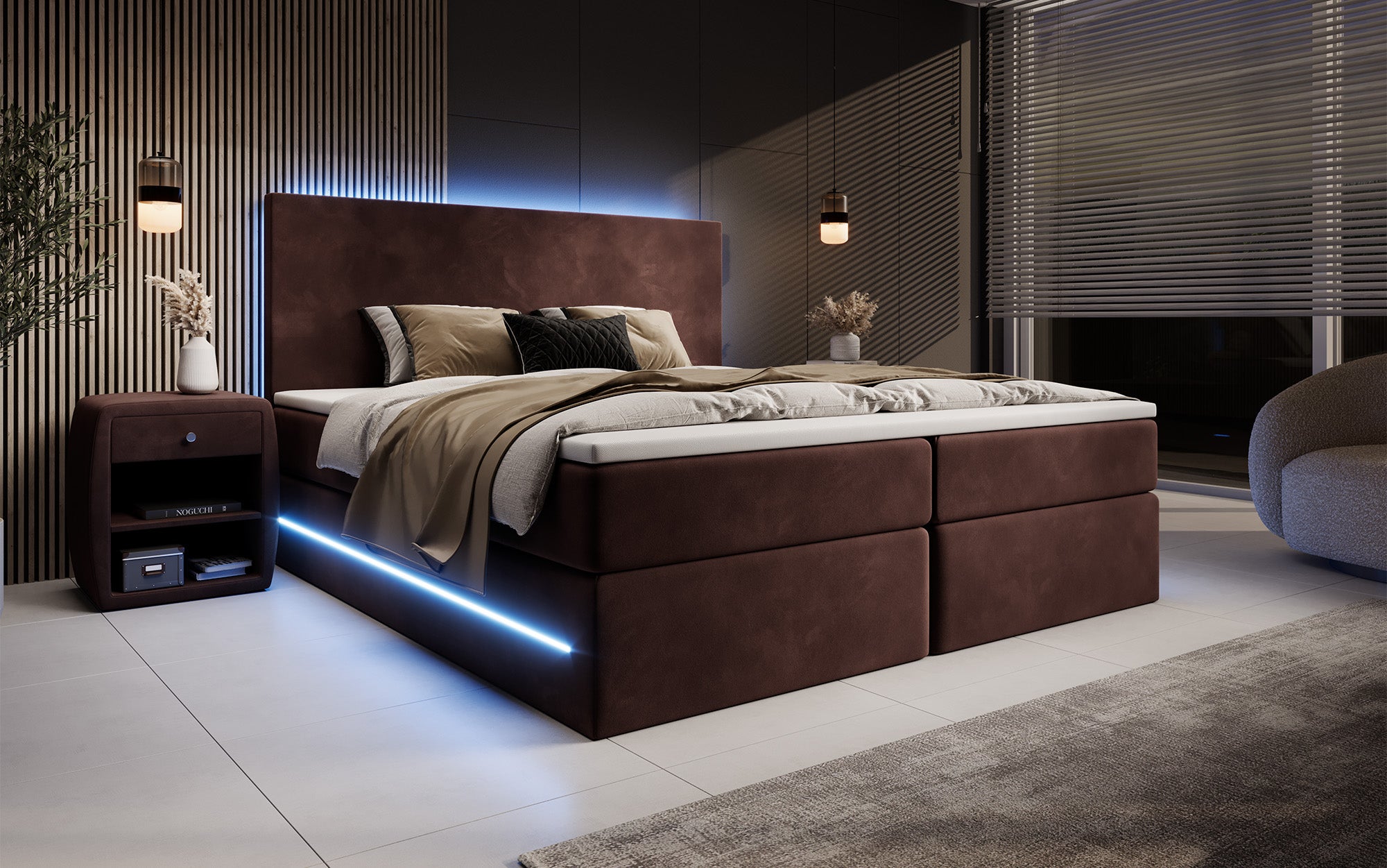 Voyage Boxspring Bed with LED and Storage in Velvet