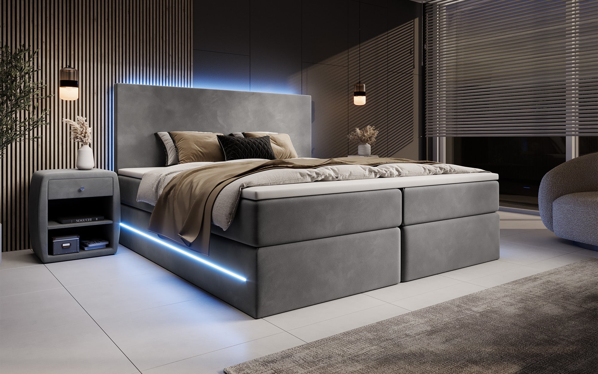 Voyage Boxspring Bed with LED and Storage in Velvet