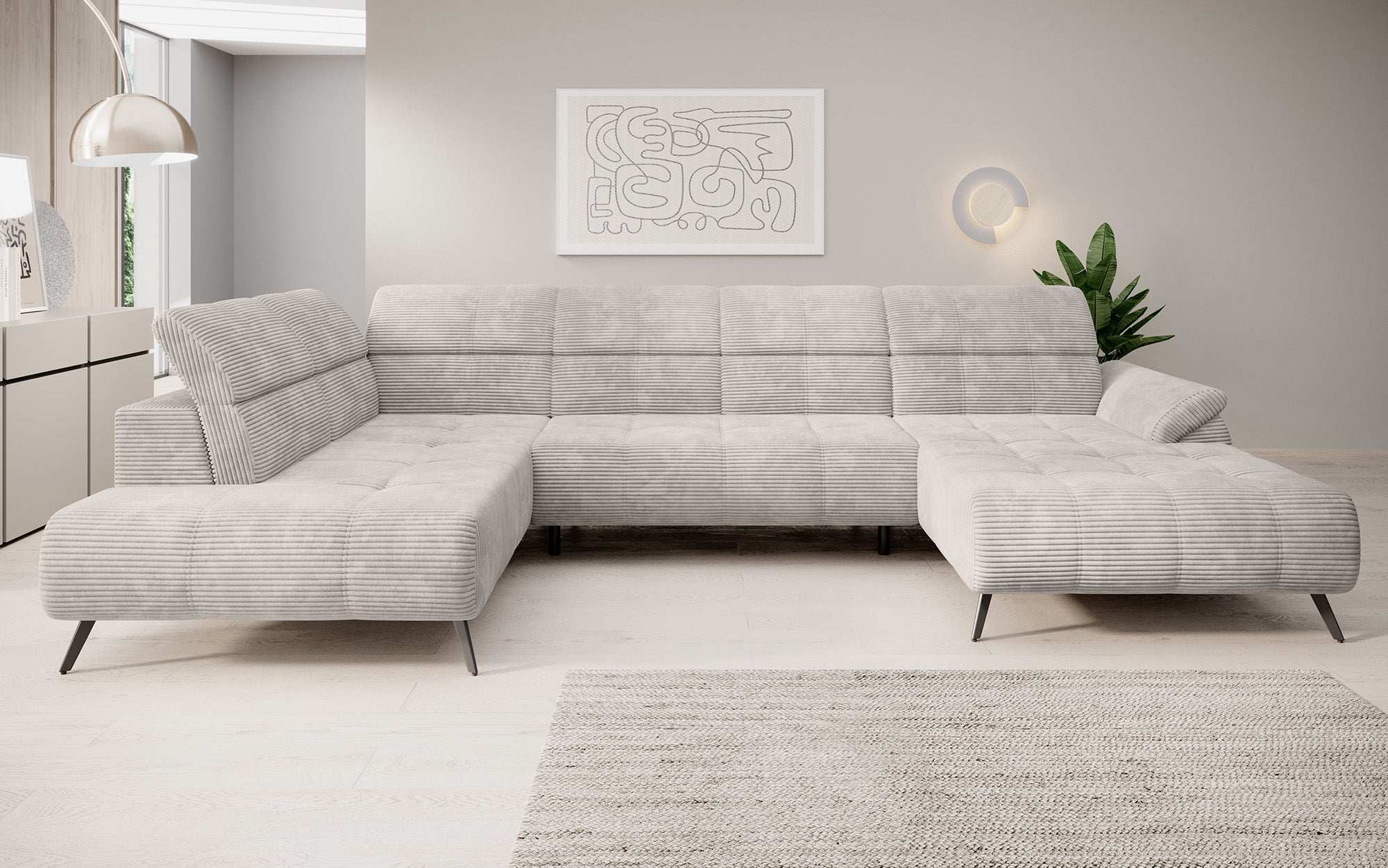 Designer Sofa Genova III with electric seat extension and adjustable headrests