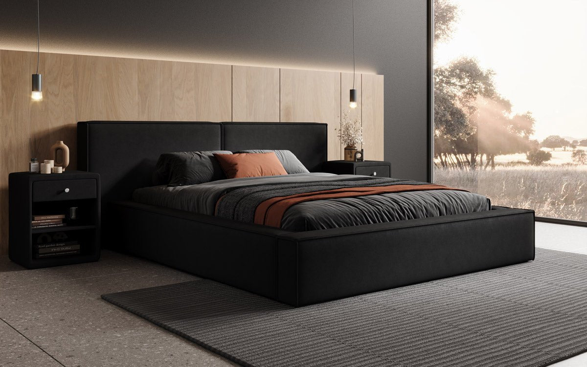 Designer upholstered bed Ophelia in fabric with storage