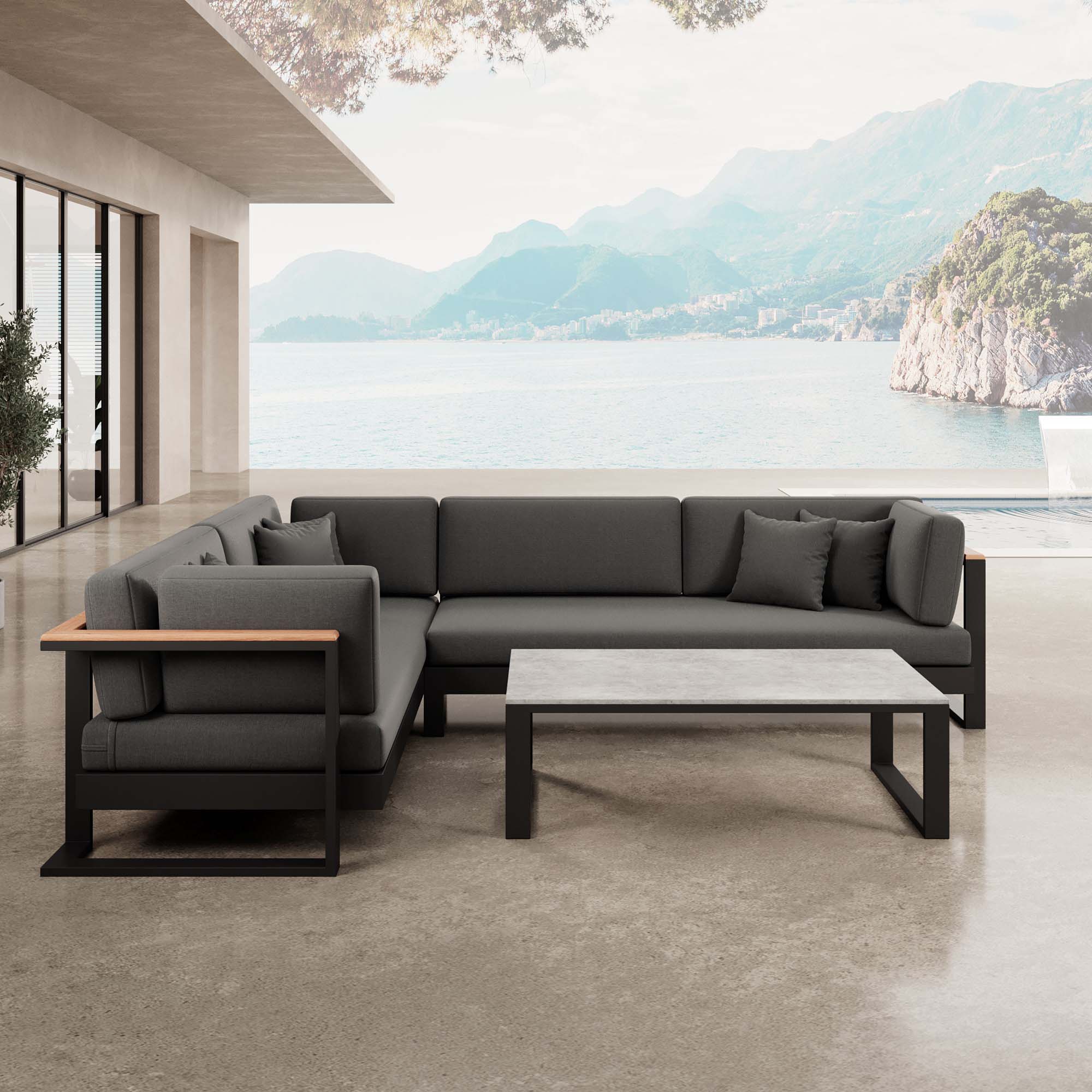 Vayla – L-Shaped Outdoor Sofa & Table in Black Aluminum | Aevora™ Collection
