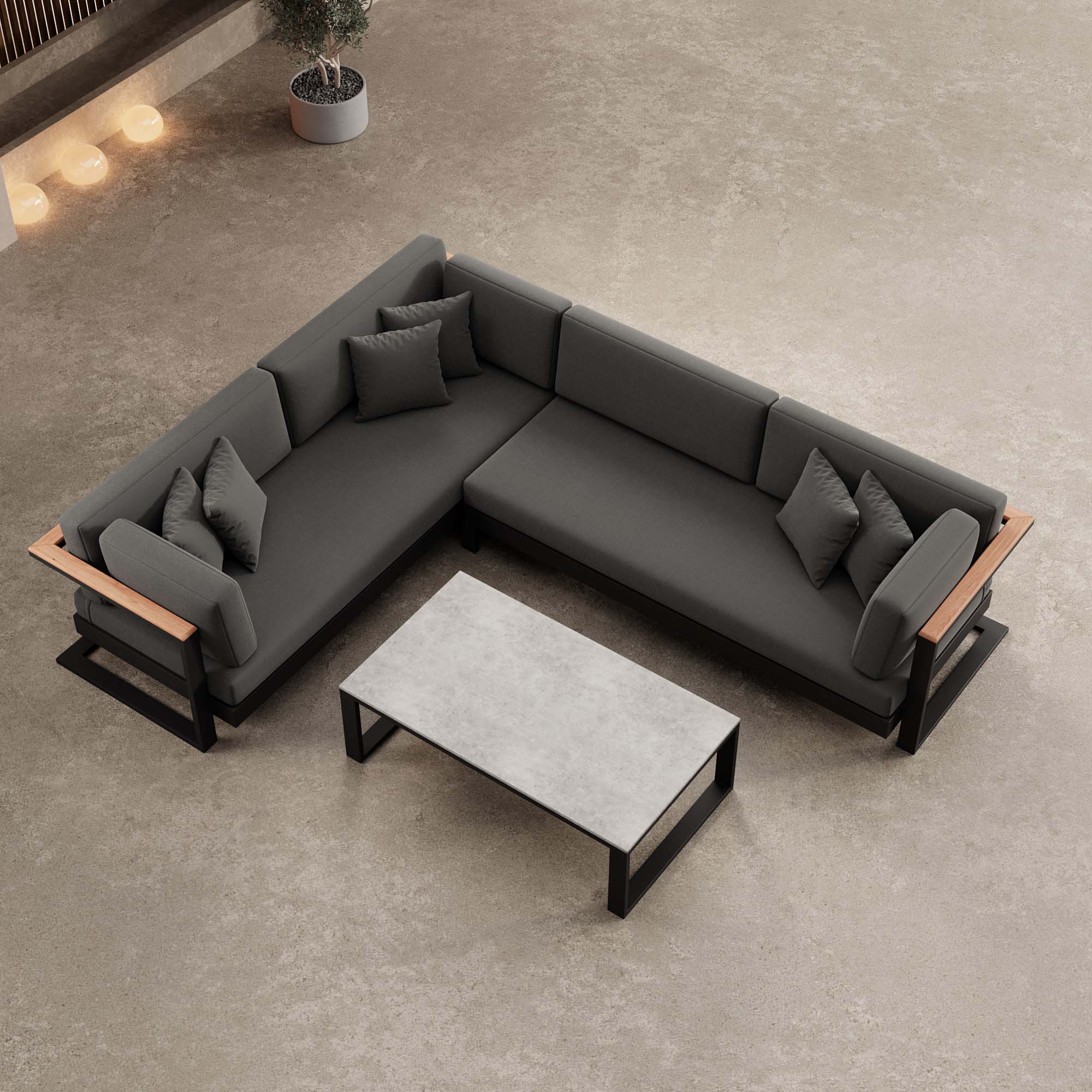 Vayla – L-Shaped Outdoor Sofa & Table in Black Aluminum | Aevora™ Collection