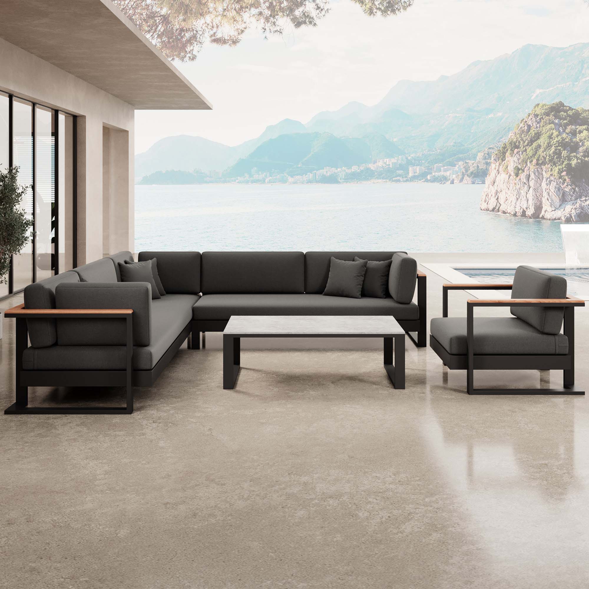 Vayla – Lounge set with corner sofa, lounge chair & table in black aluminum | Aevora™ Collection