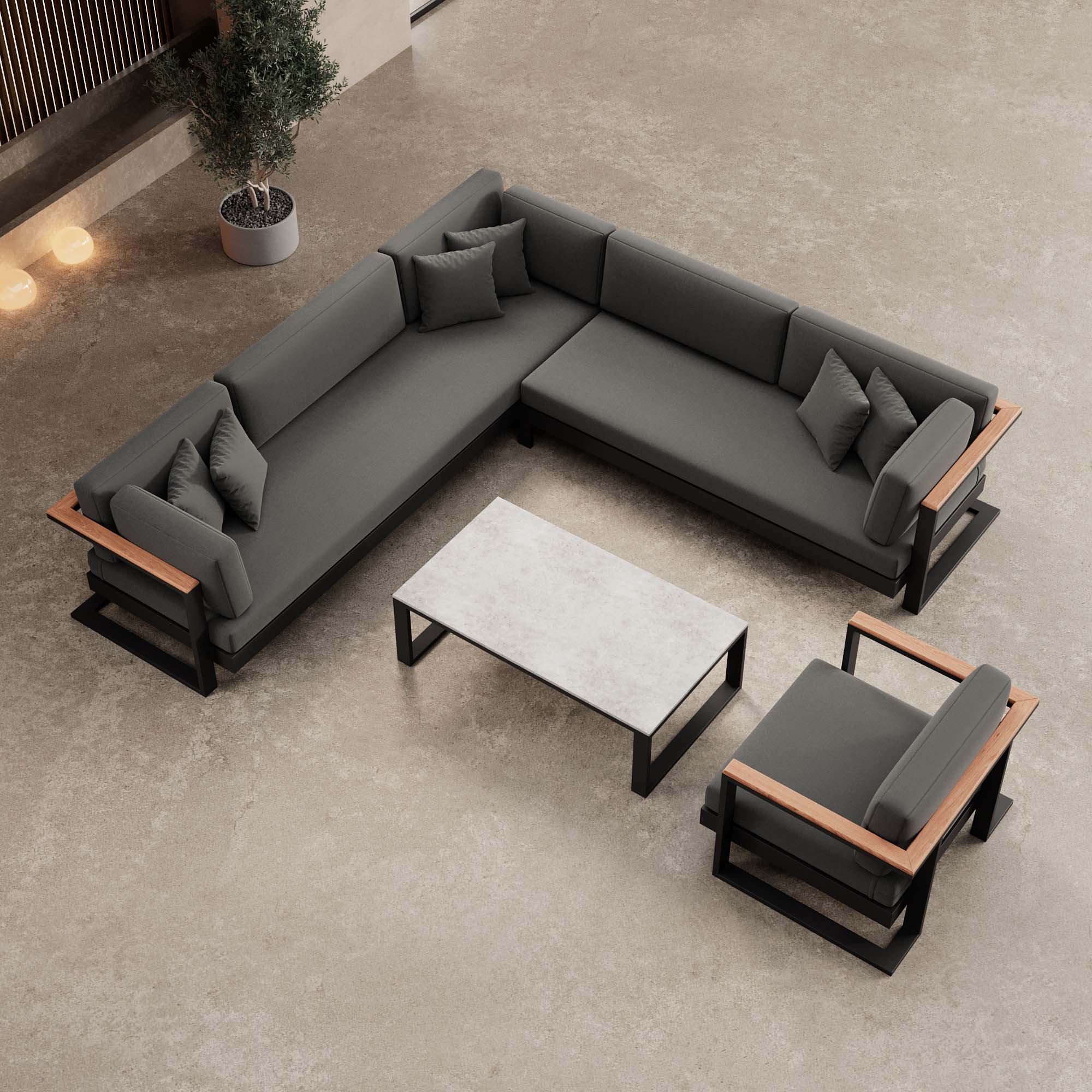 Vayla – Lounge set with corner sofa, lounge chair & table in black aluminum | Aevora™ Collection