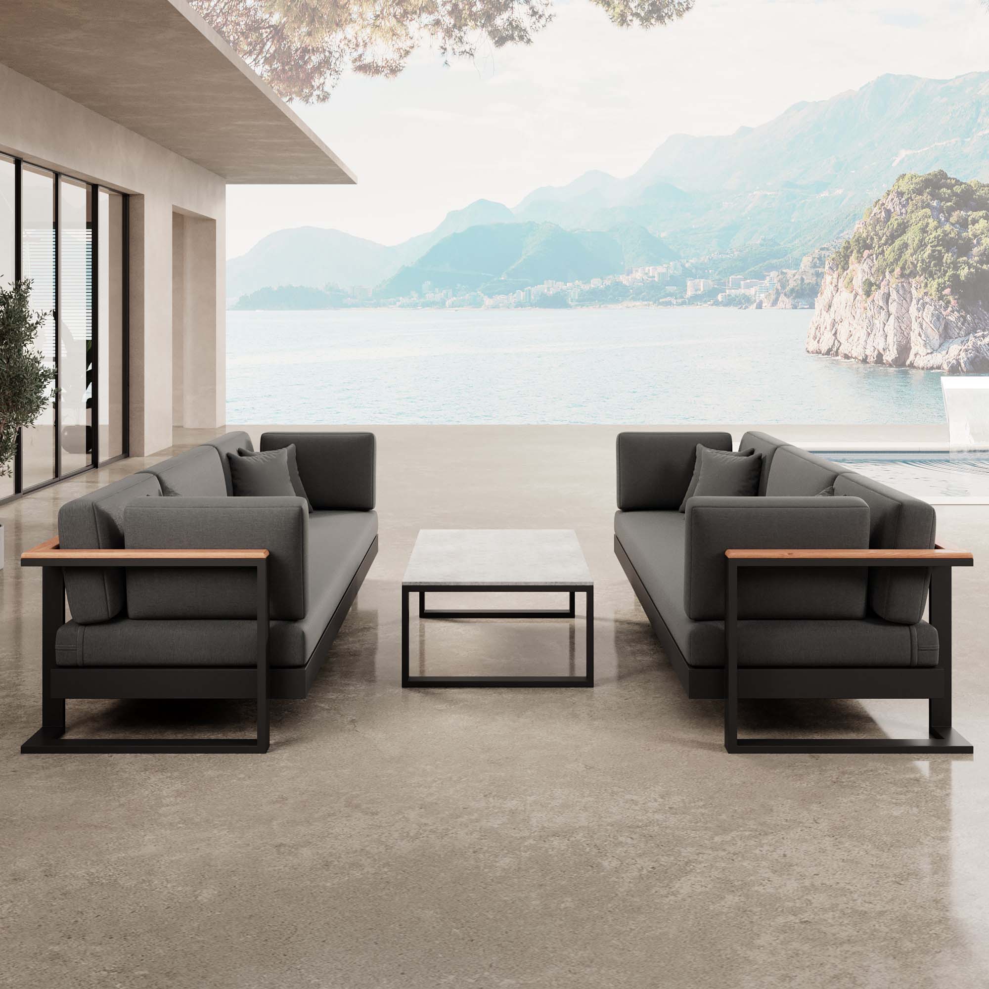 Vayla – 2 three-seater sofas & table in black aluminum | Aevora™ Collection