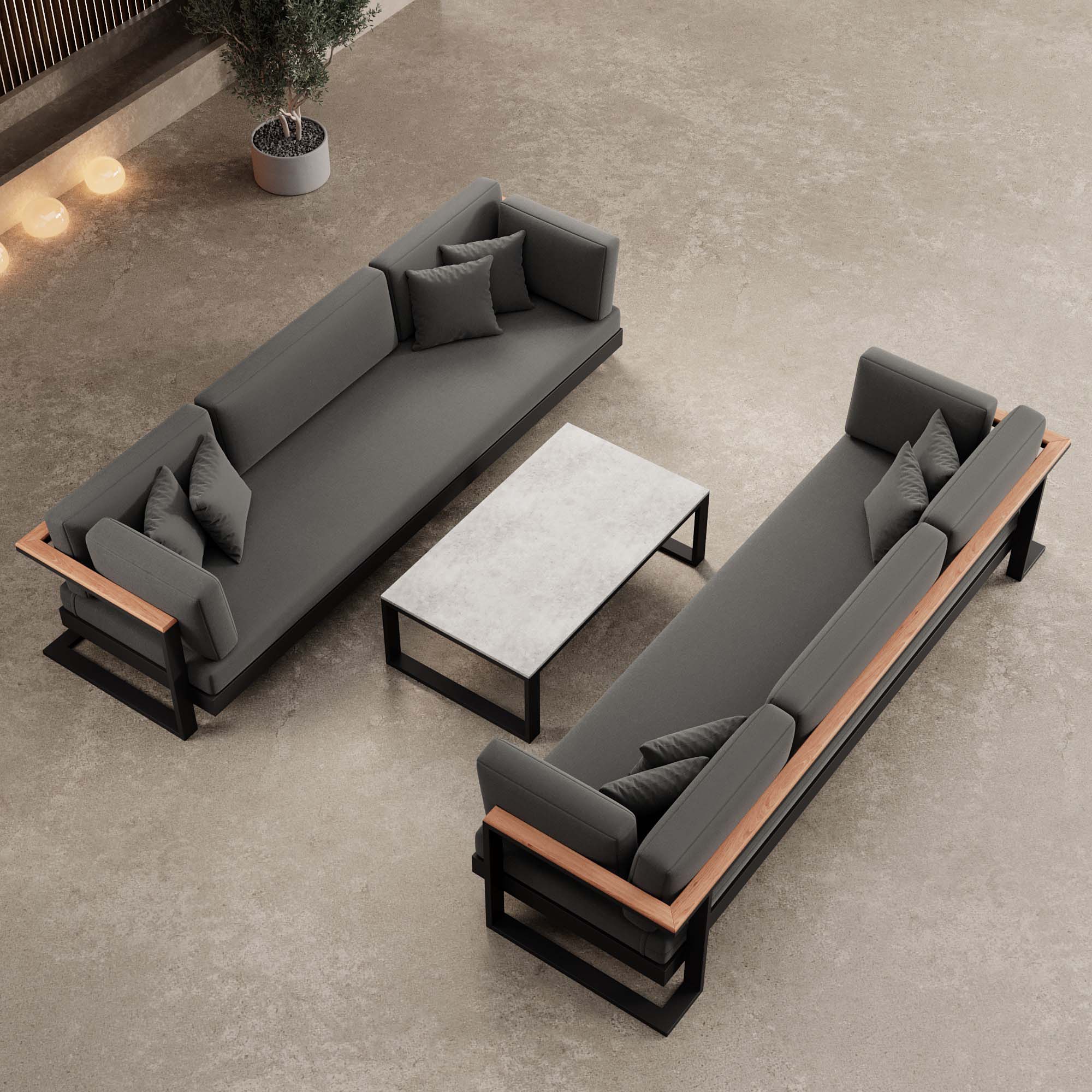 Vayla – 2 three-seater sofas & table in black aluminum | Aevora™ Collection