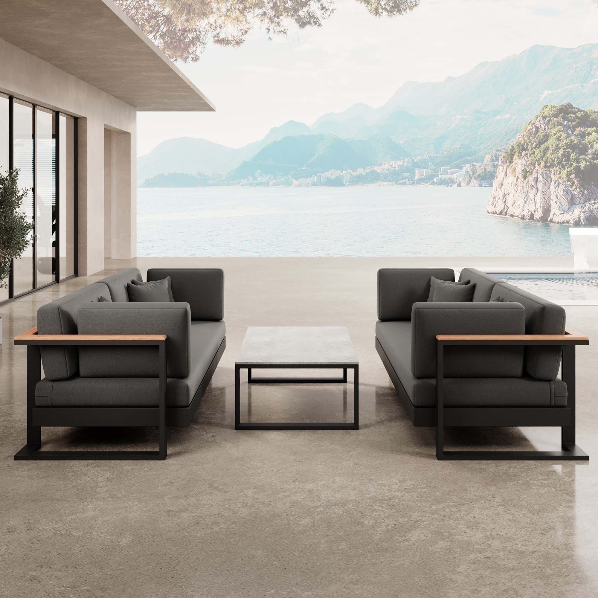 Vayla – 2 two-seaters & table made of black aluminum | Aevora™ Collection
