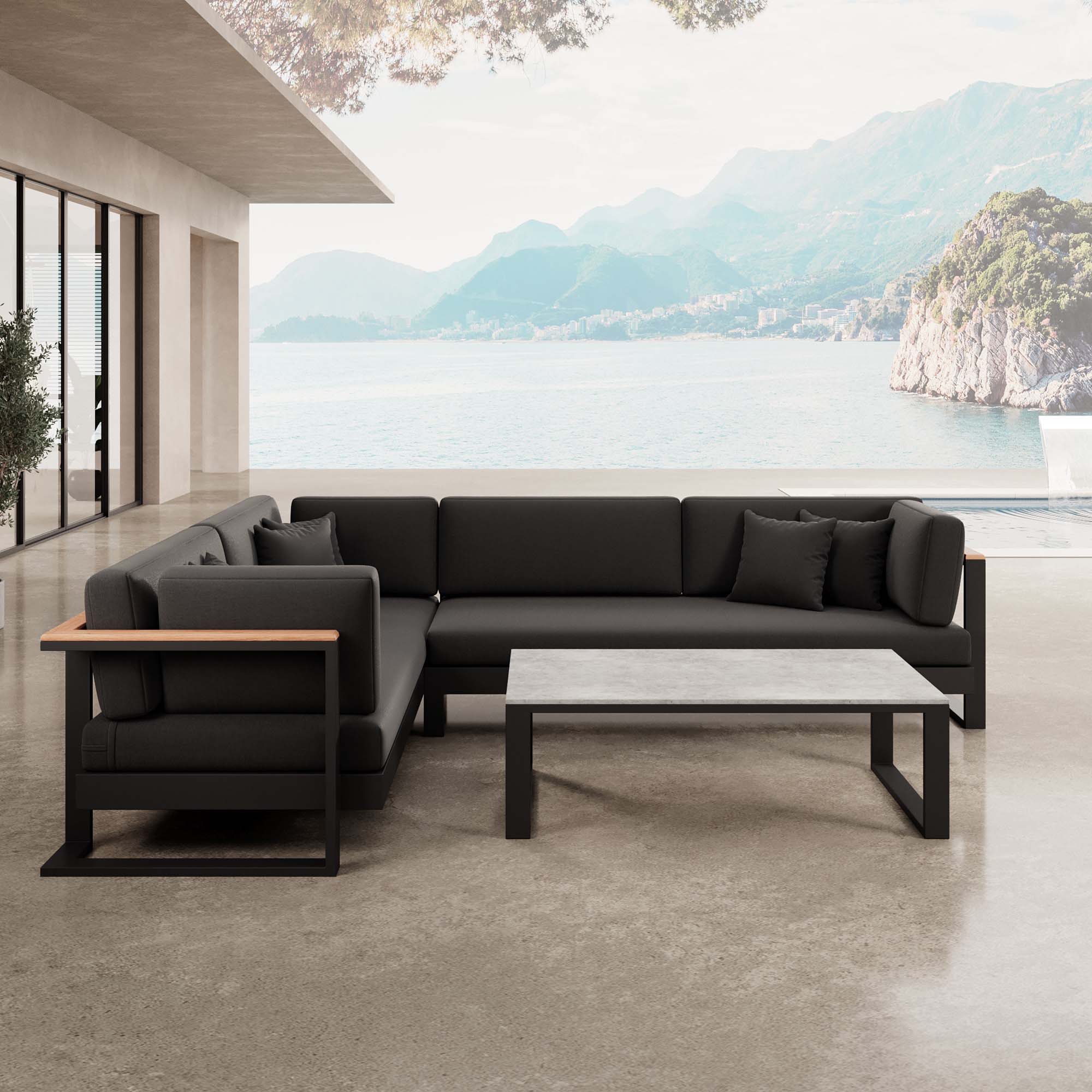 Vayla – L-Shaped Outdoor Sofa & Table in Black Aluminum | Aevora™ Collection