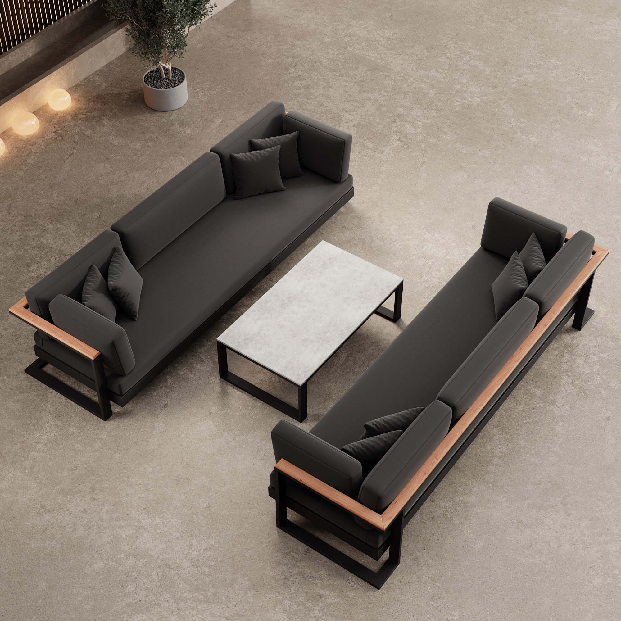 Vayla – 2 three-seater sofas & table in black aluminum | Aevora™ Collection
