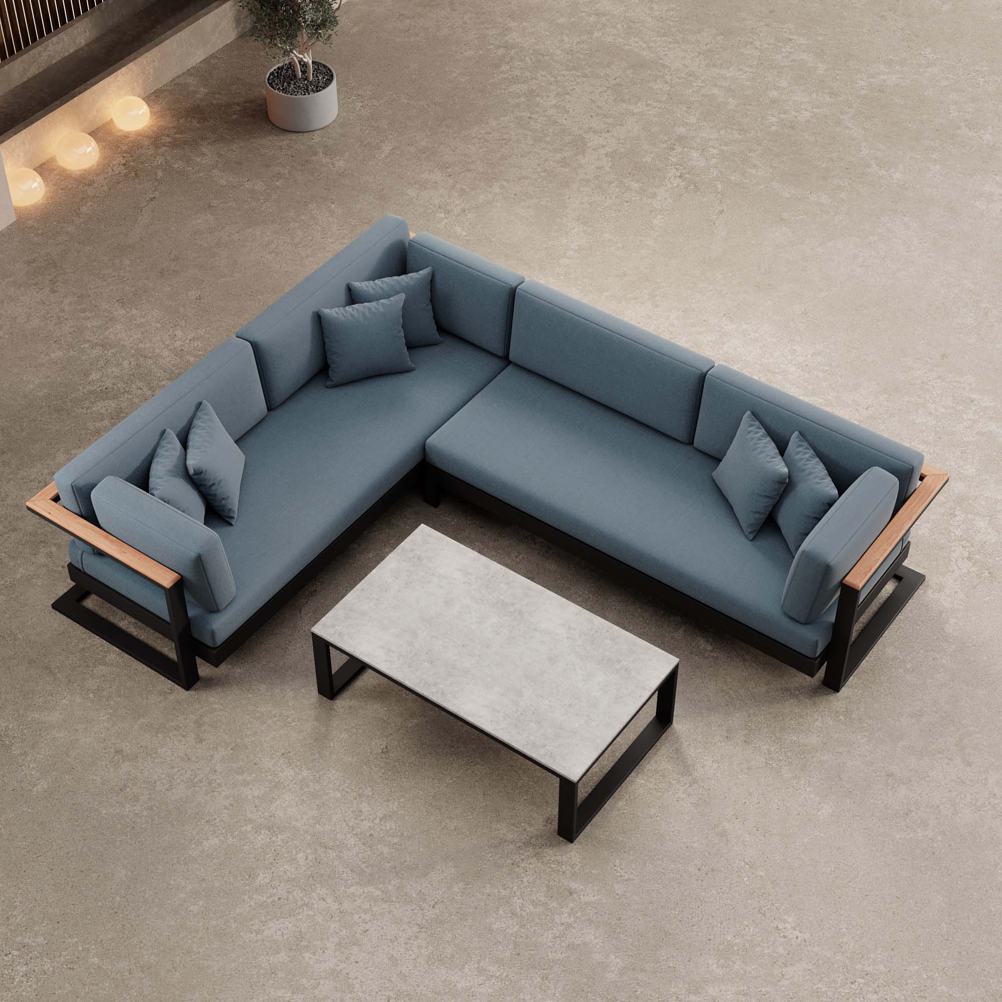 Vayla – L-Shaped Outdoor Sofa & Table in Black Aluminum | Aevora™ Collection