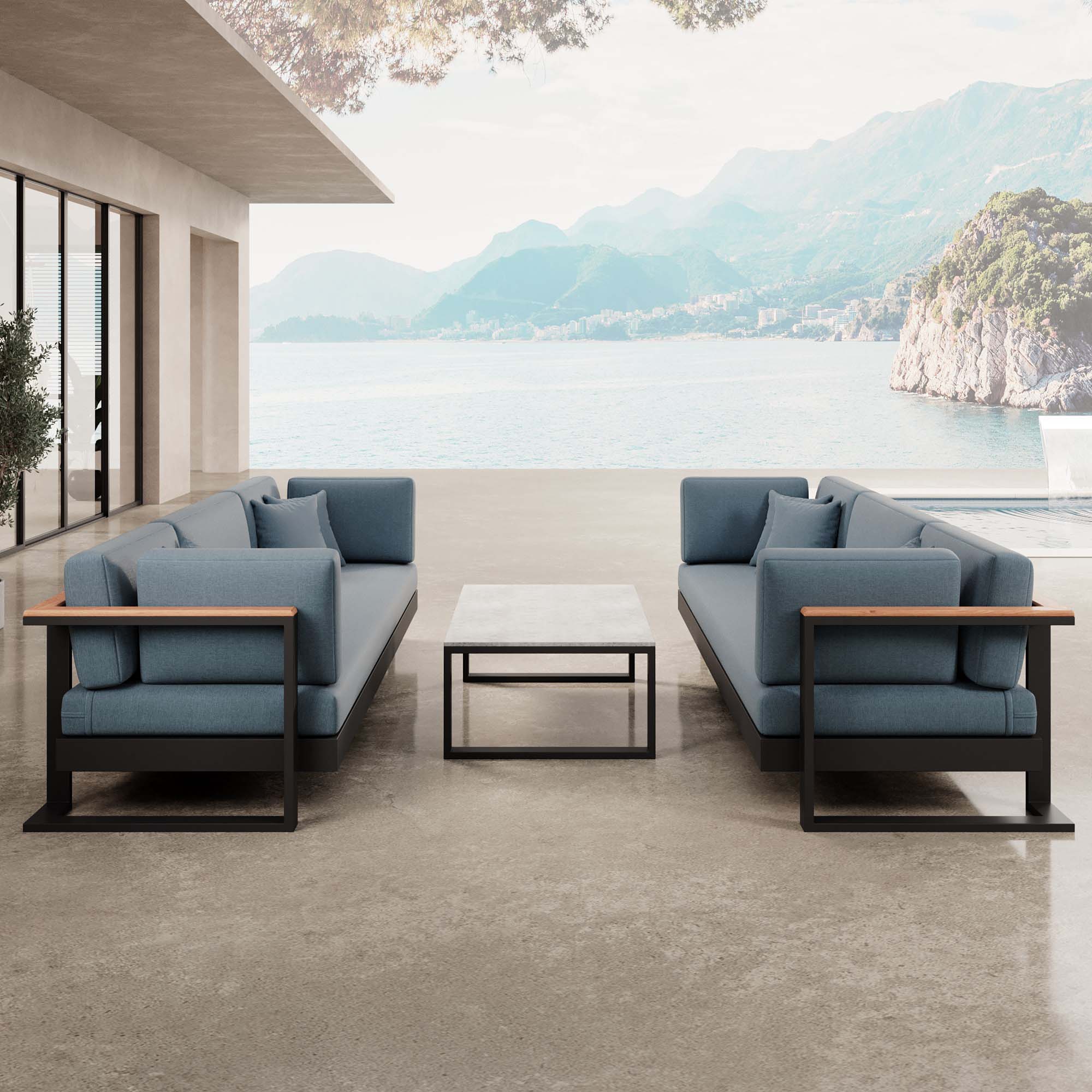 Vayla – 2 three-seater sofas & table in black aluminum | Aevora™ Collection