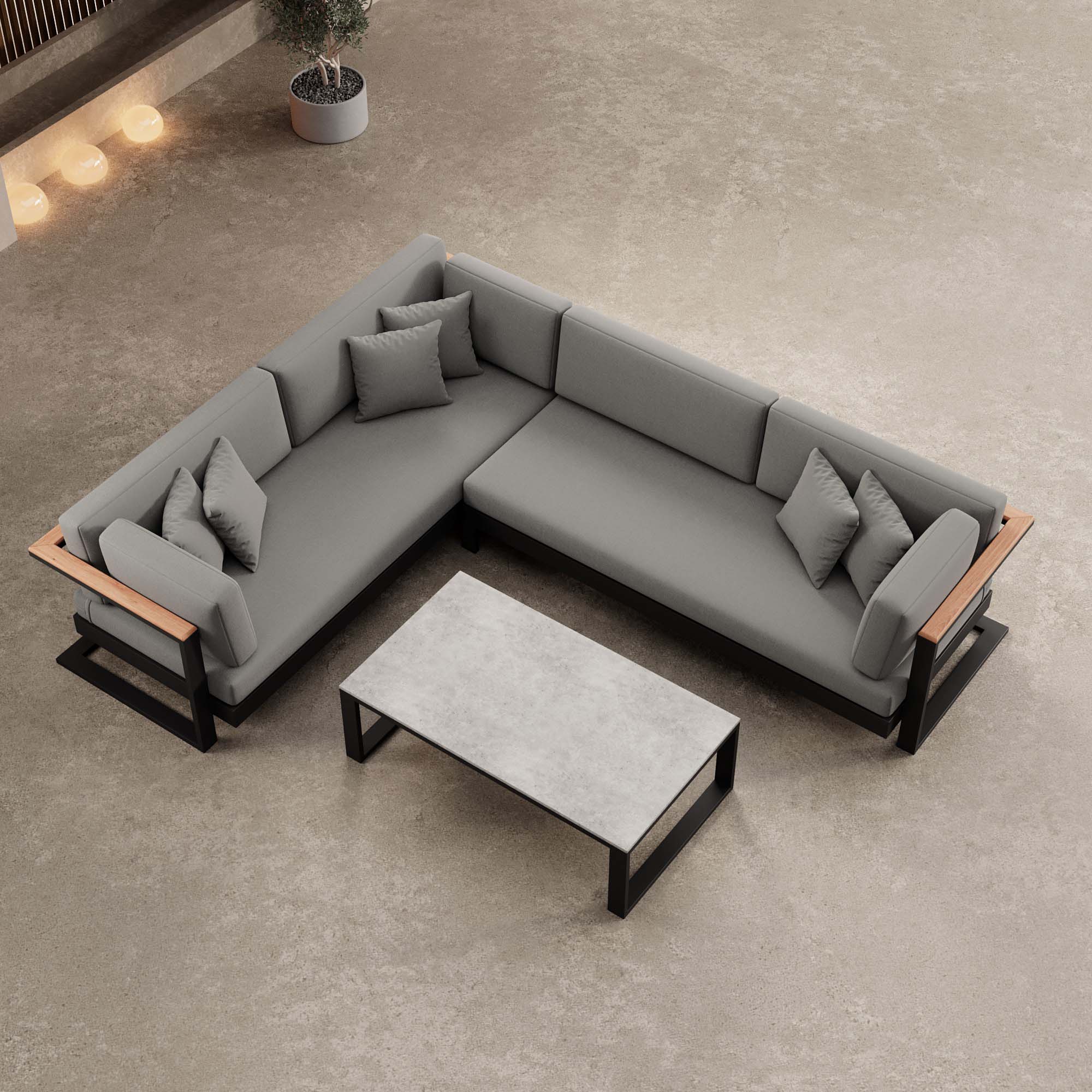 Vayla – L-Shaped Outdoor Sofa & Table in Black Aluminum | Aevora™ Collection