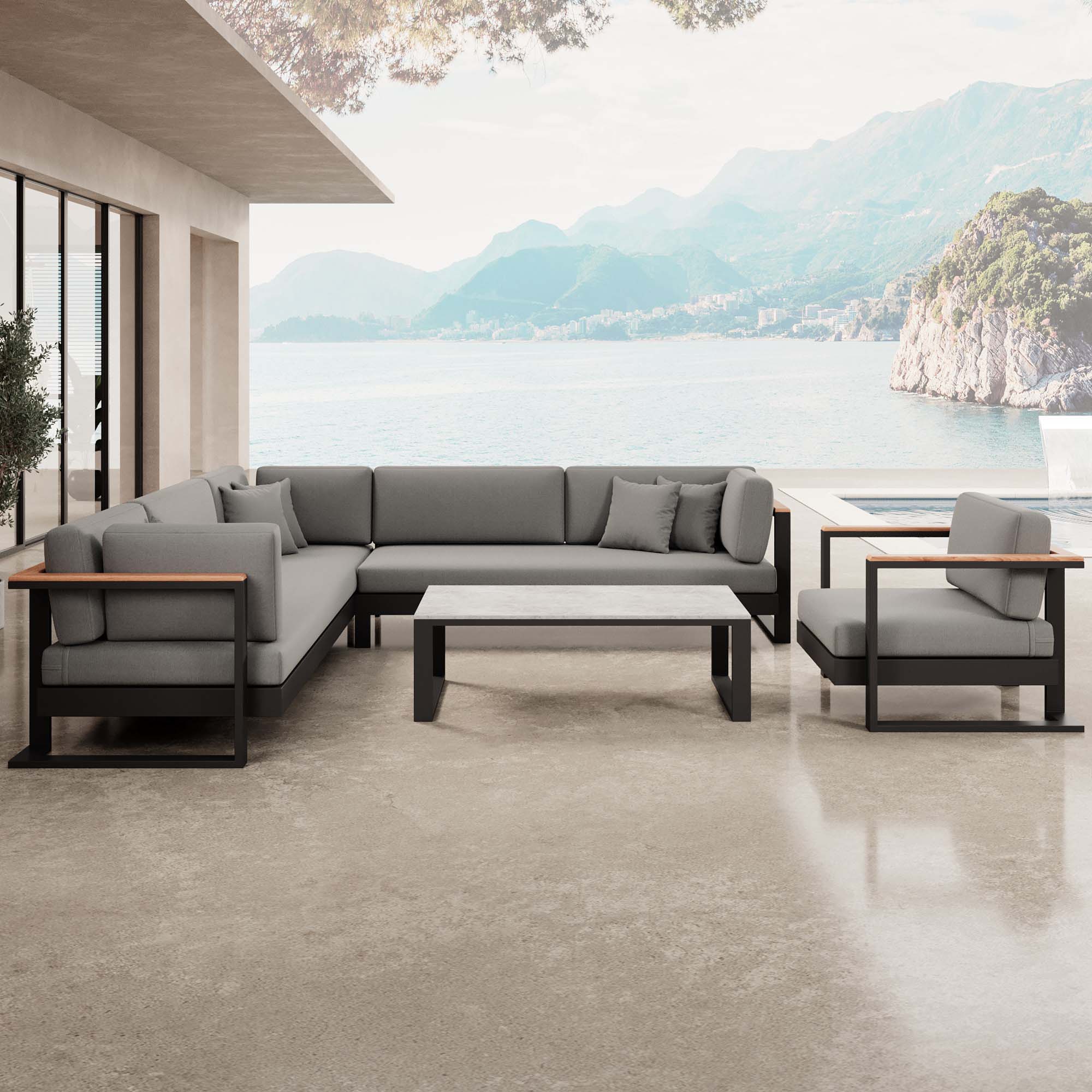 Vayla – Lounge set with corner sofa, lounge chair & table in black aluminum | Aevora™ Collection
