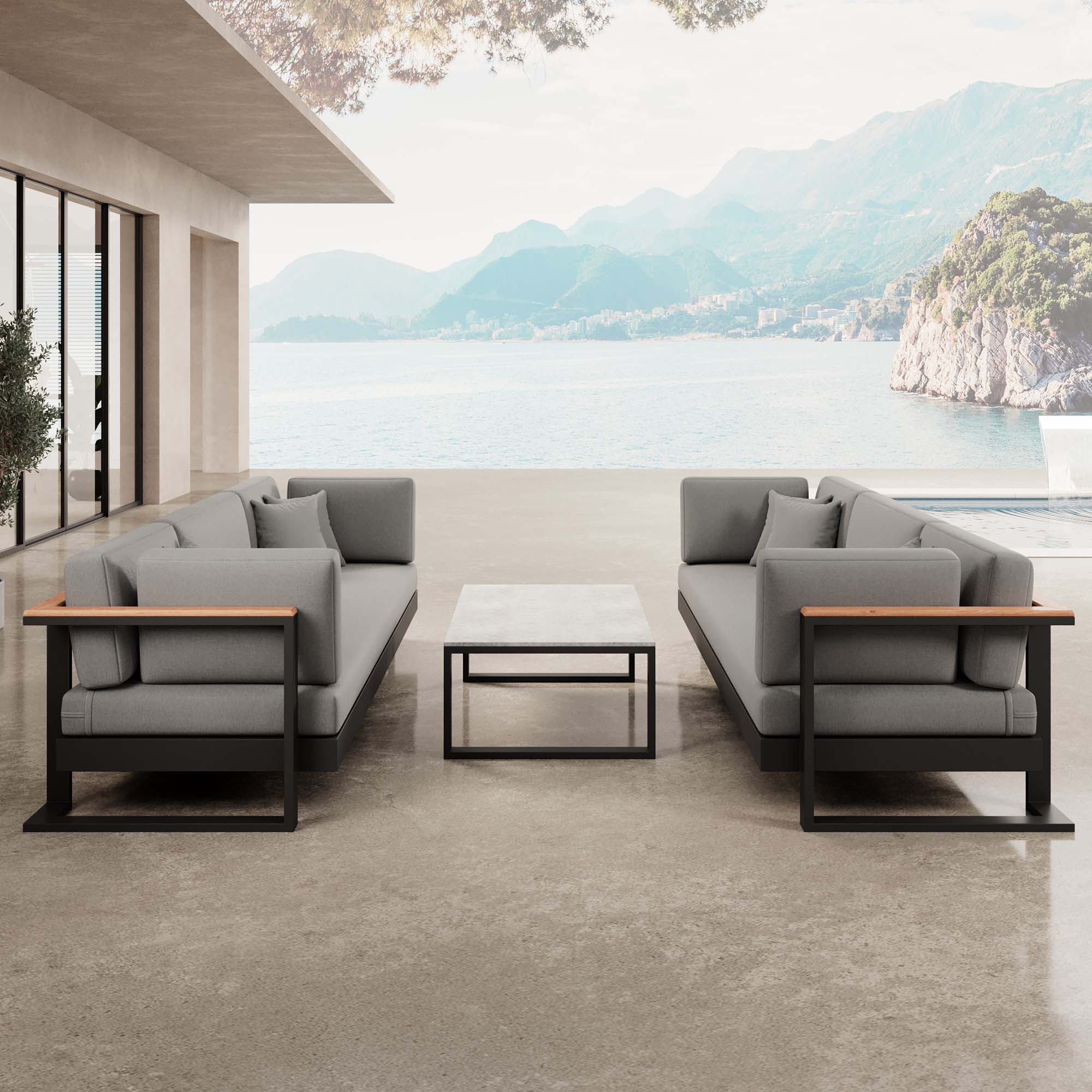 Vayla – 2 three-seater sofas & table in black aluminum | Aevora™ Collection