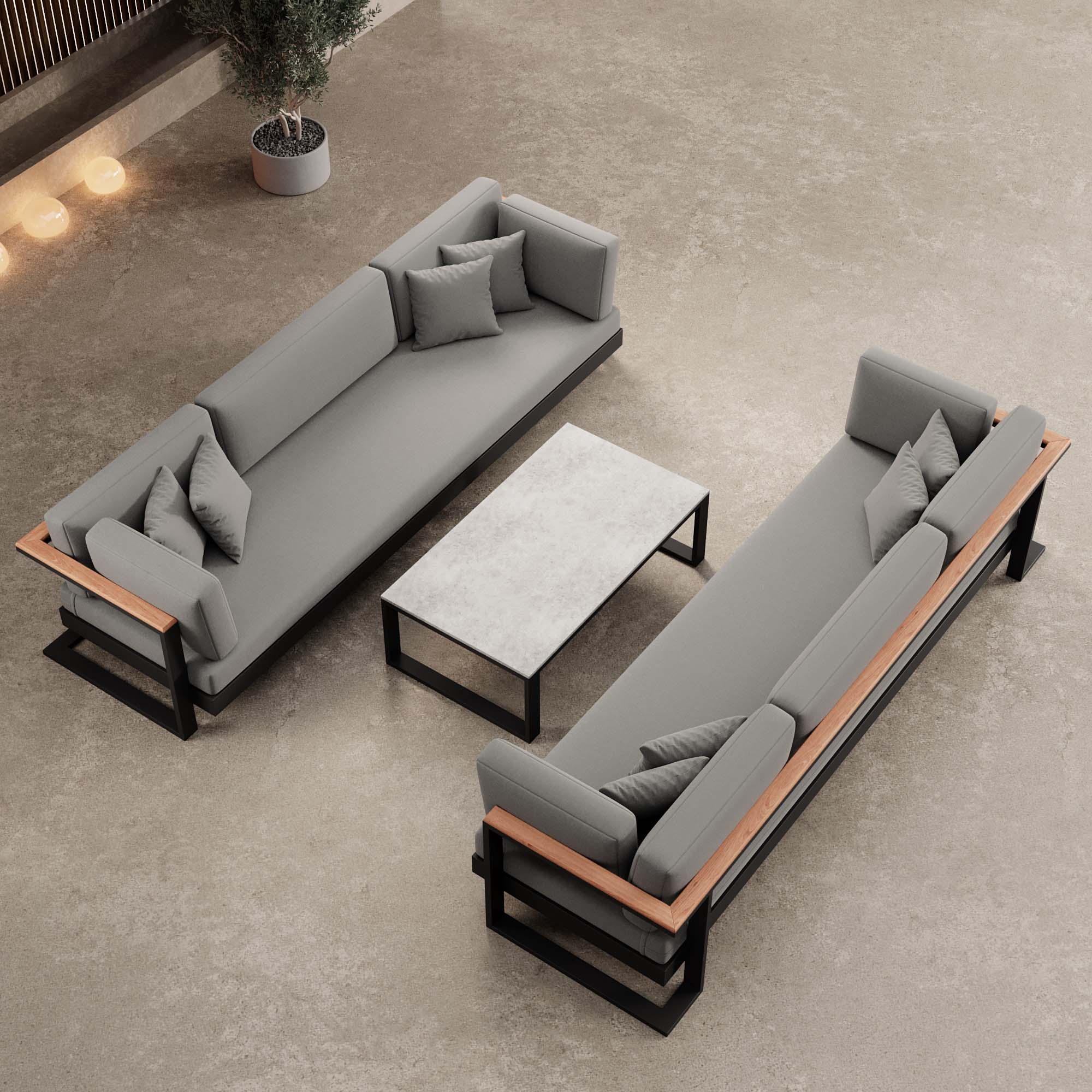 Vayla – 2 three-seater sofas & table in black aluminum | Aevora™ Collection