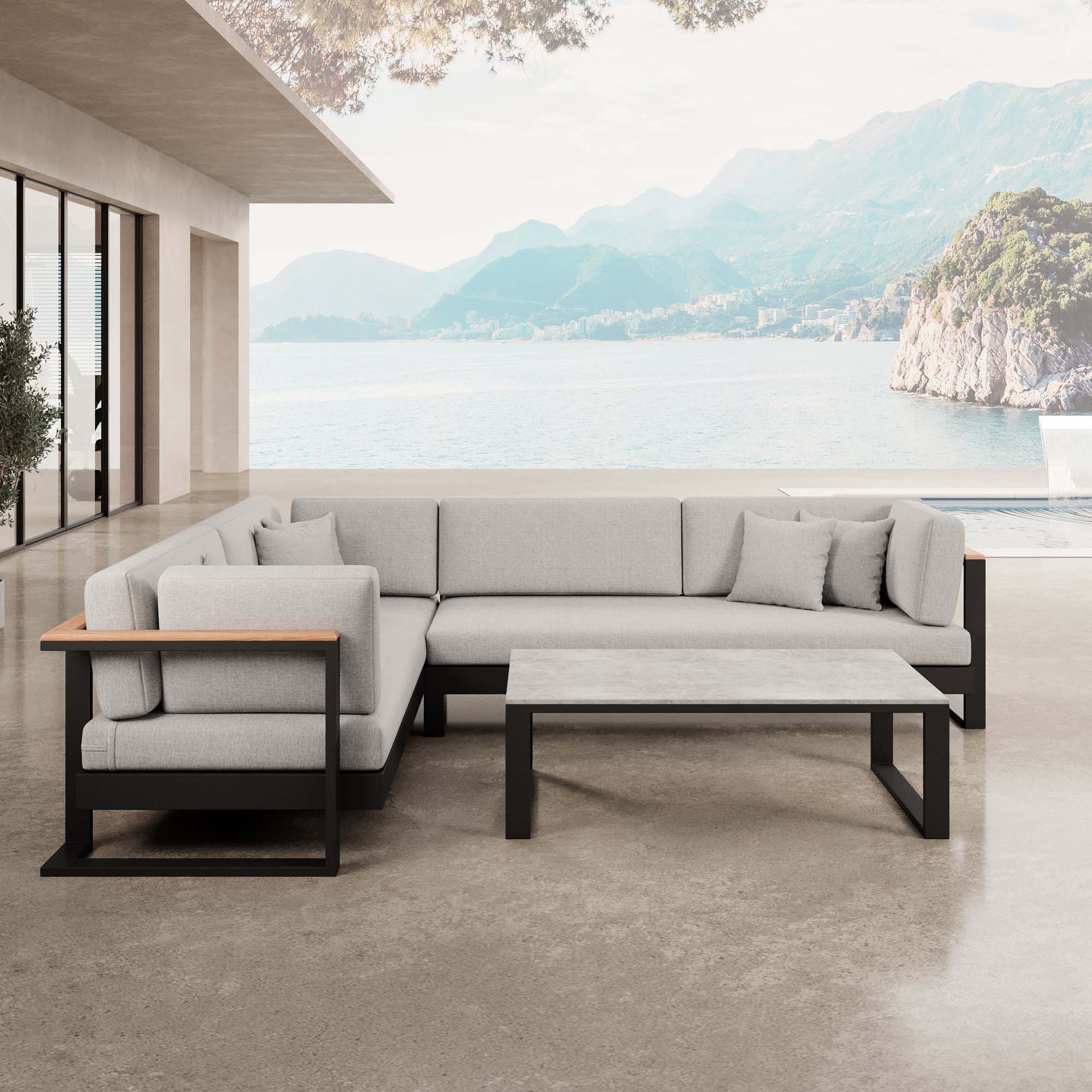 Vayla – L-Shaped Outdoor Sofa & Table in Black Aluminum | Aevora™ Collection