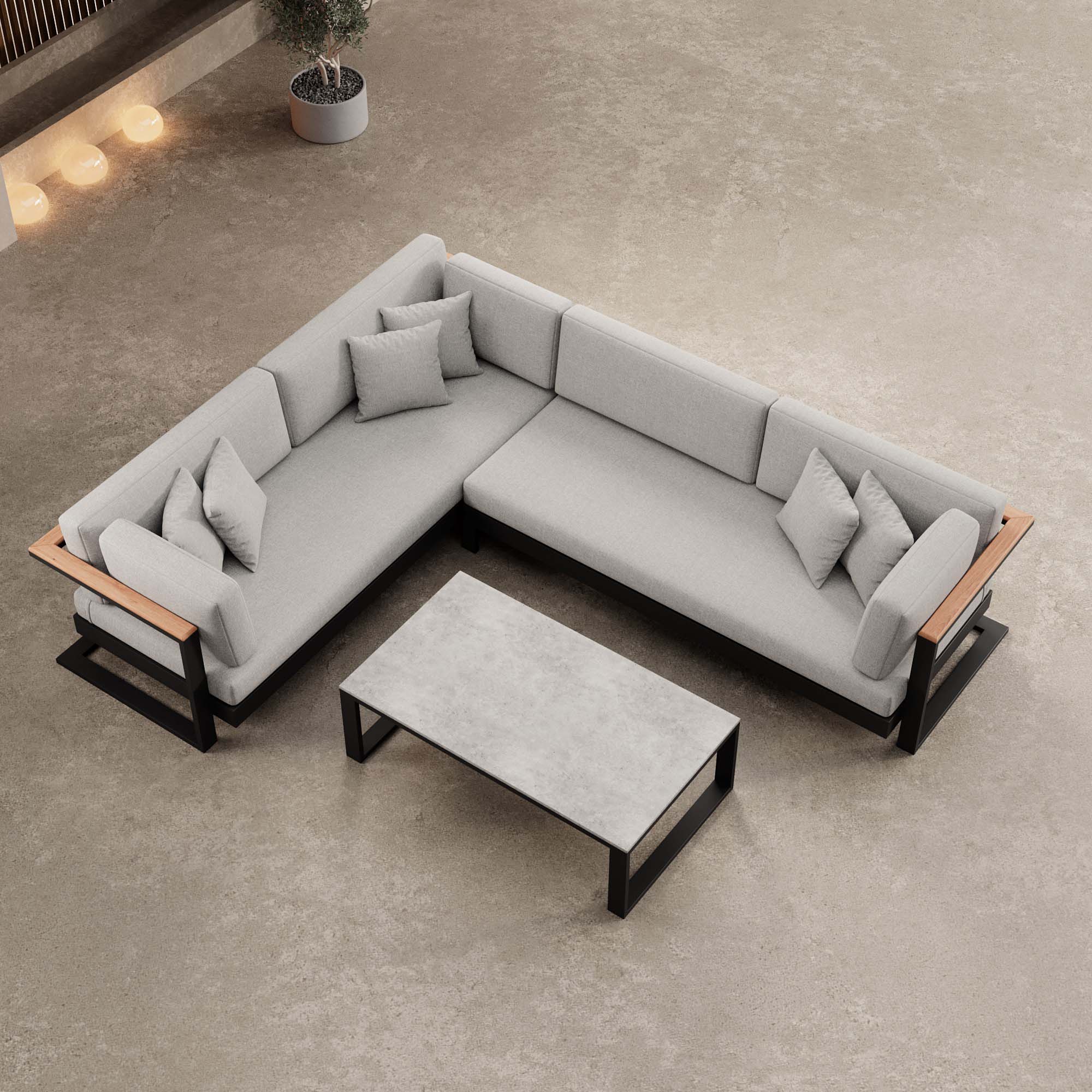 Vayla – L-Shaped Outdoor Sofa & Table in Black Aluminum | Aevora™ Collection