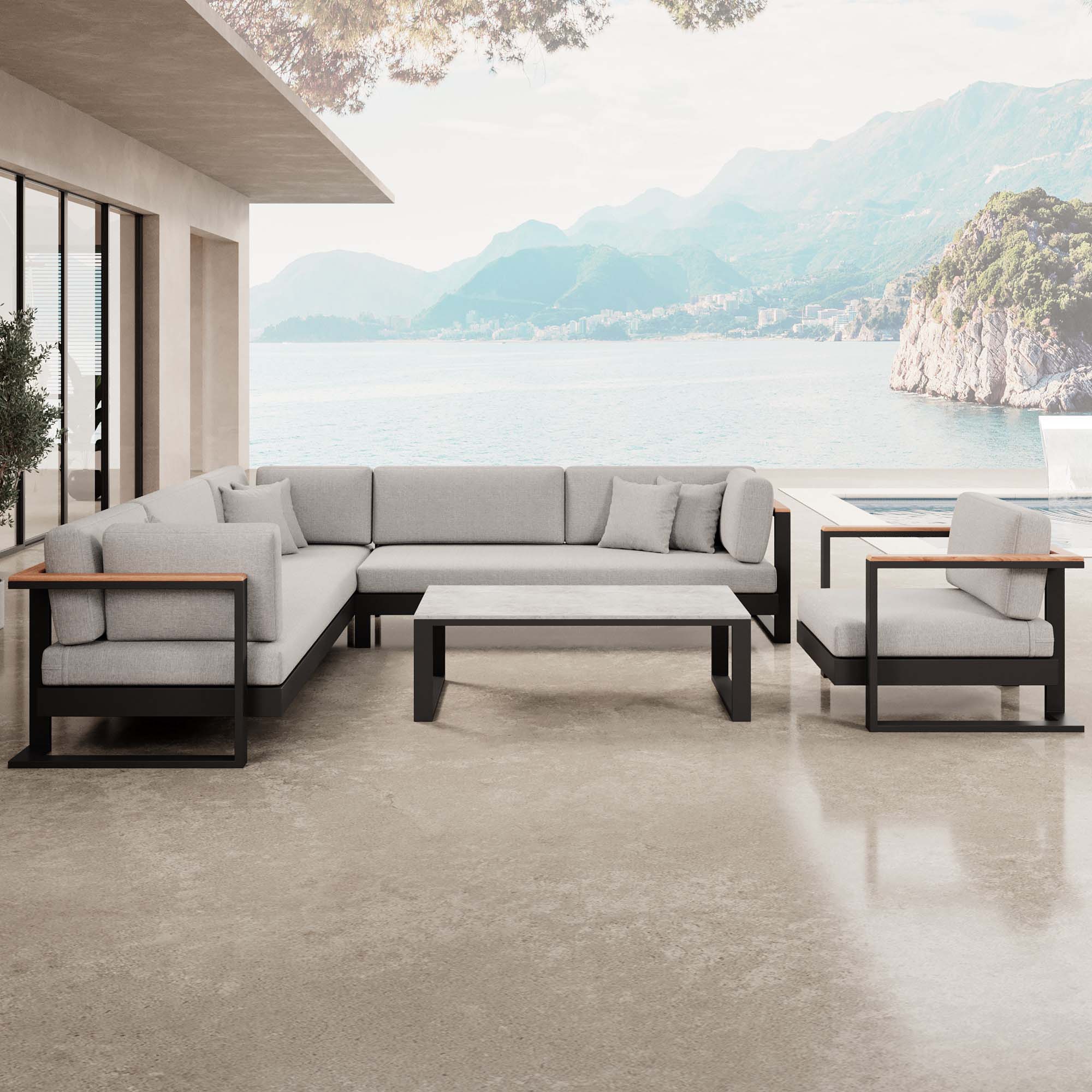 Vayla – Lounge set with corner sofa, lounge chair & table in black aluminum | Aevora™ Collection