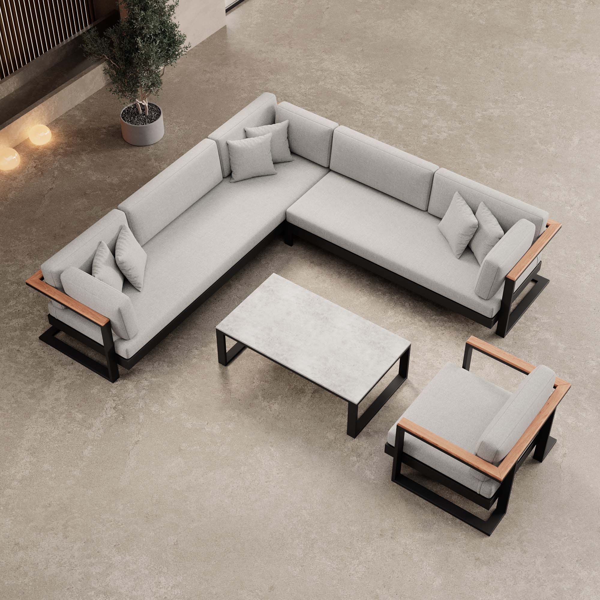 Vayla – Lounge set with corner sofa, lounge chair & table in black aluminum | Aevora™ Collection