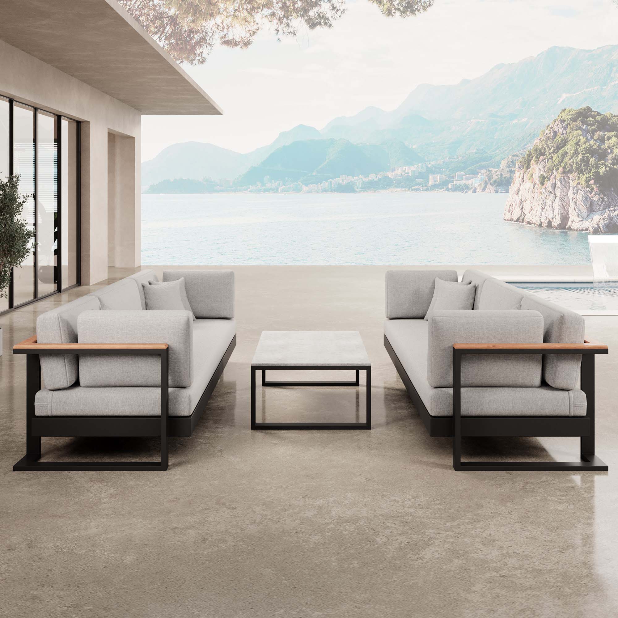 Vayla – 2 three-seater sofas & table in black aluminum | Aevora™ Collection