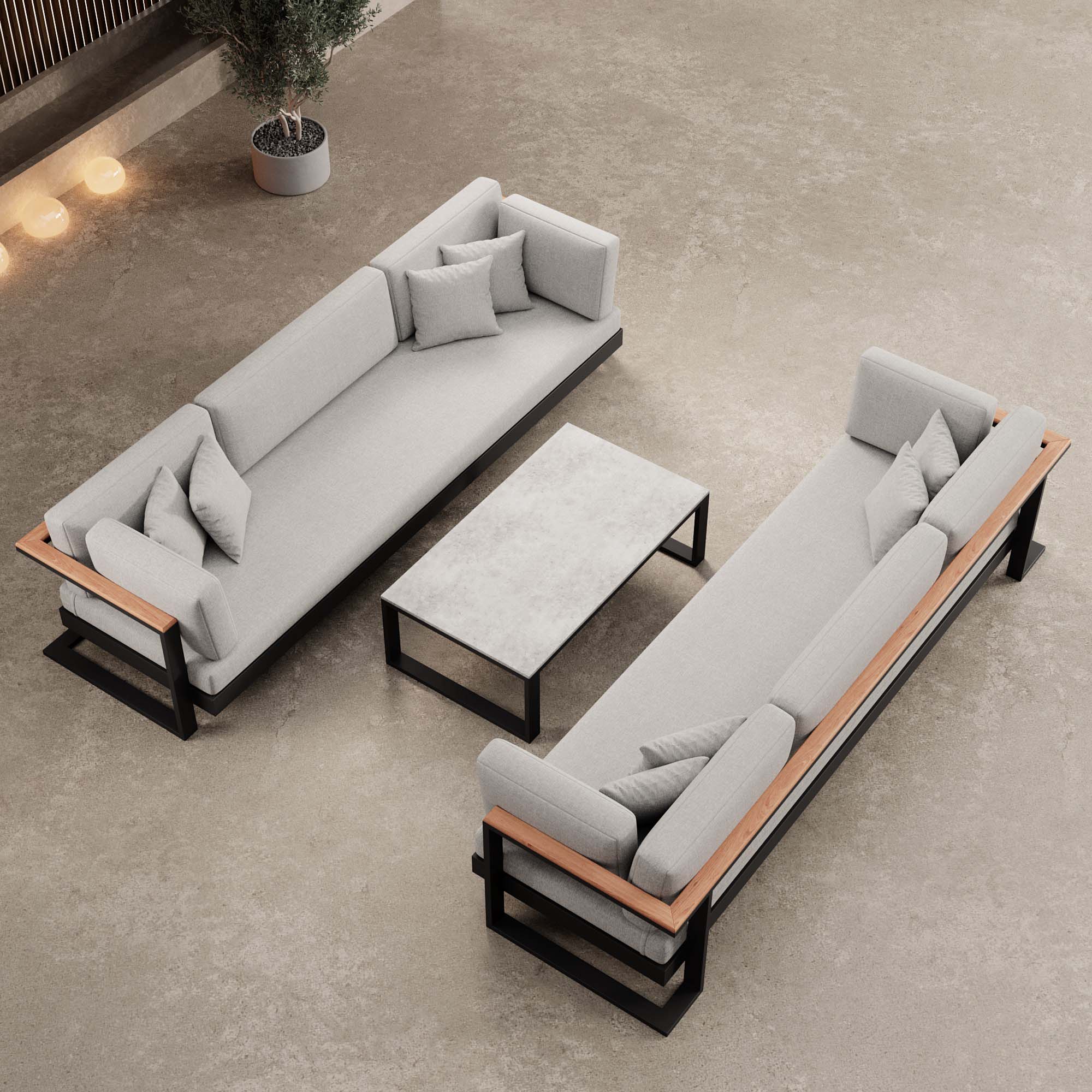 Vayla – 2 three-seater sofas & table in black aluminum | Aevora™ Collection
