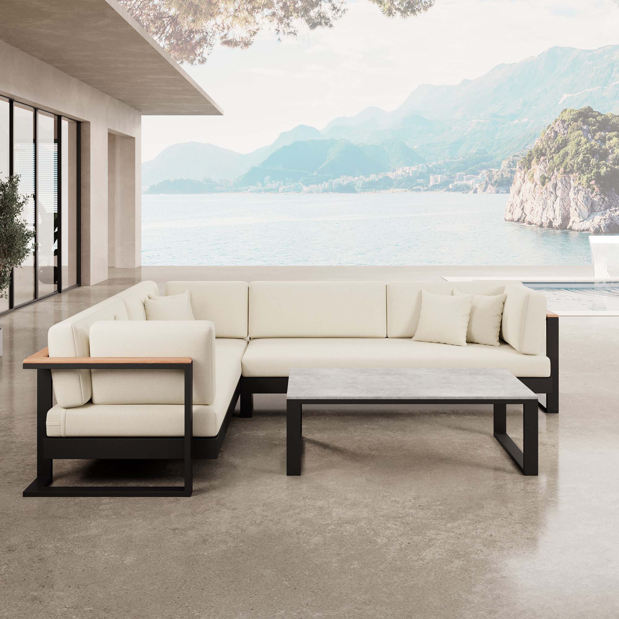 Vayla – L-Shaped Outdoor Sofa & Table in Black Aluminum | Aevora™ Collection