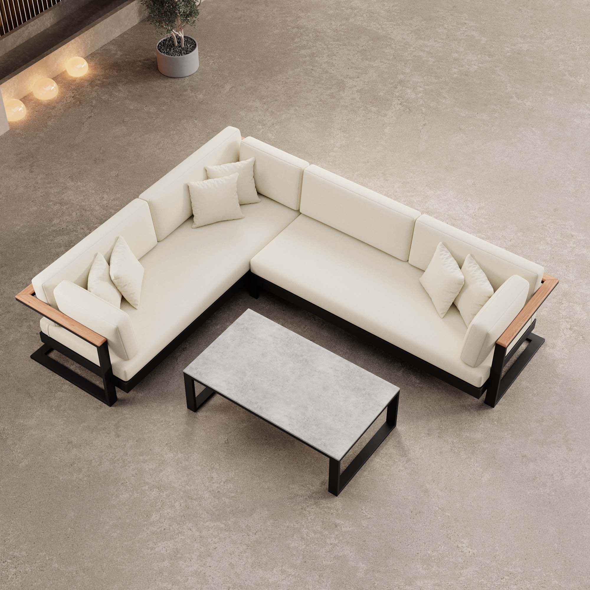 Vayla – L-Shaped Outdoor Sofa & Table in Black Aluminum | Aevora™ Collection