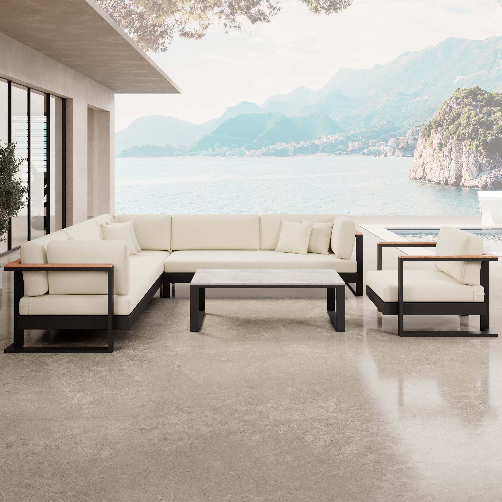 Vayla – Lounge set with corner sofa, lounge chair & table in black aluminum | Aevora™ Collection