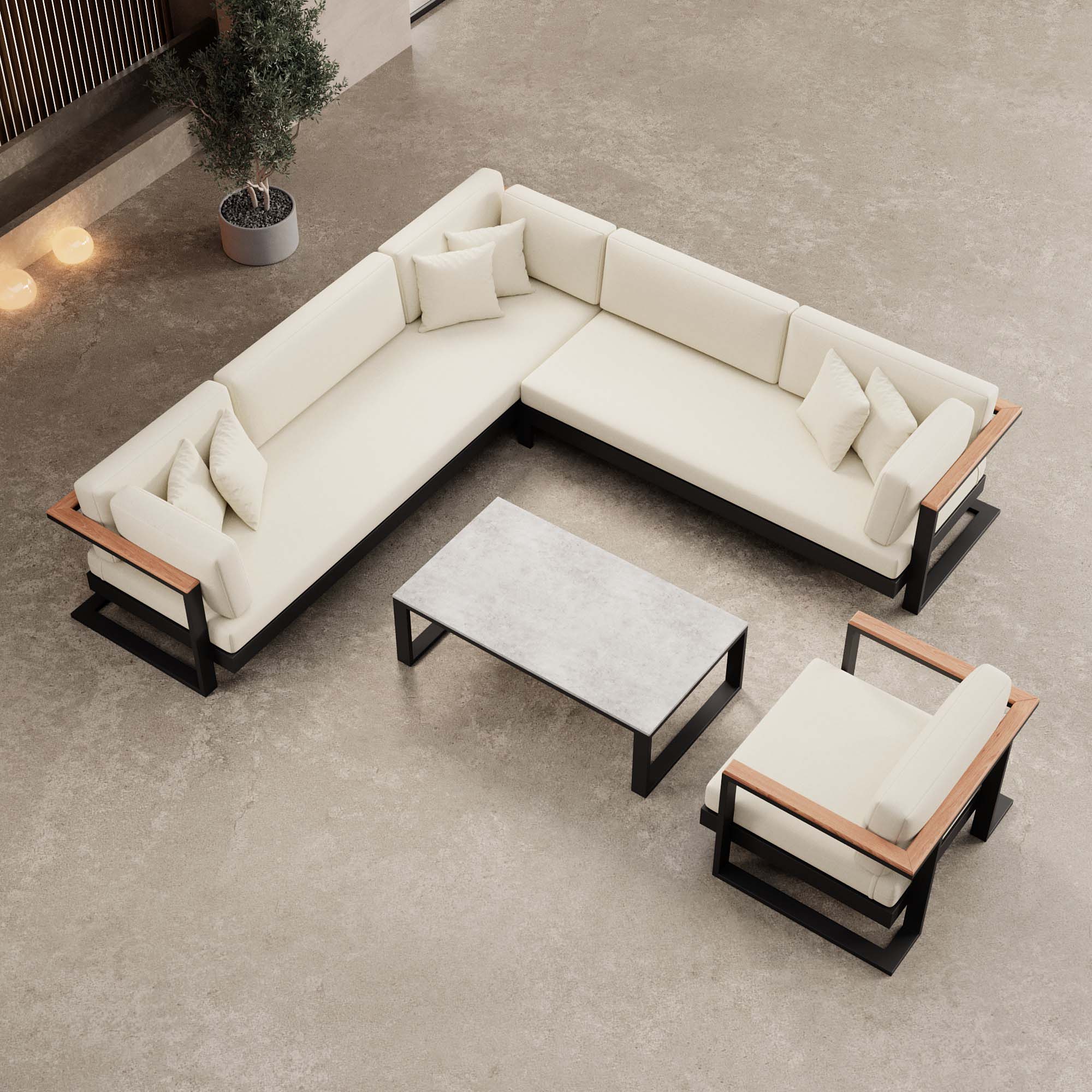 Vayla – Lounge set with corner sofa, lounge chair & table in black aluminum | Aevora™ Collection